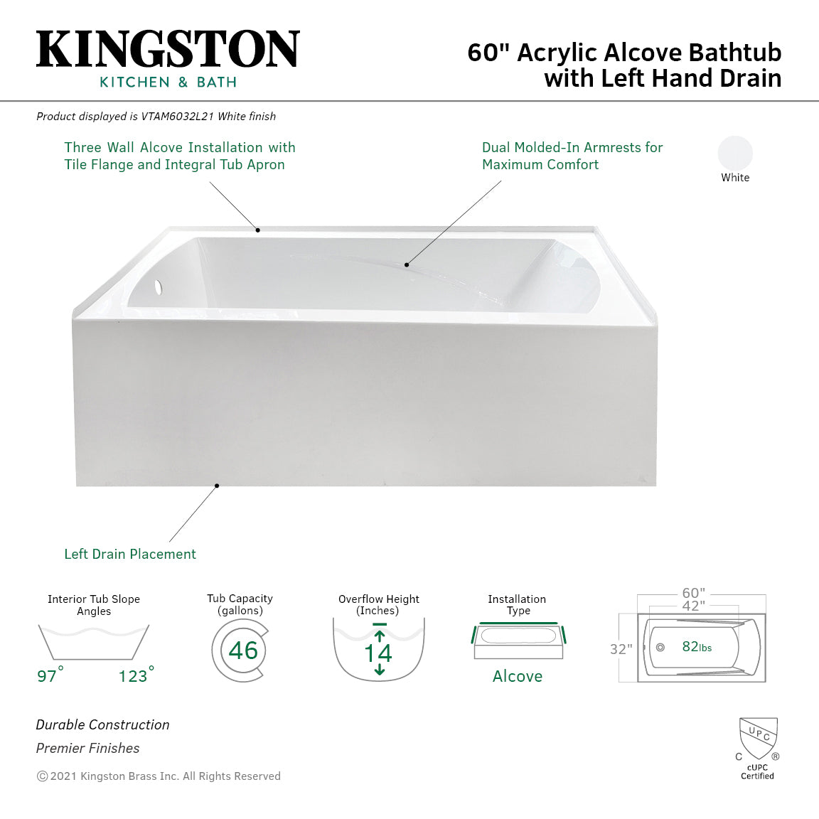 Aqua Eden VTAM6032L21 60" Acrylic Rectangular 3-Wall Alcove Tub with Armrests, Left Hand Drain, Glossy White