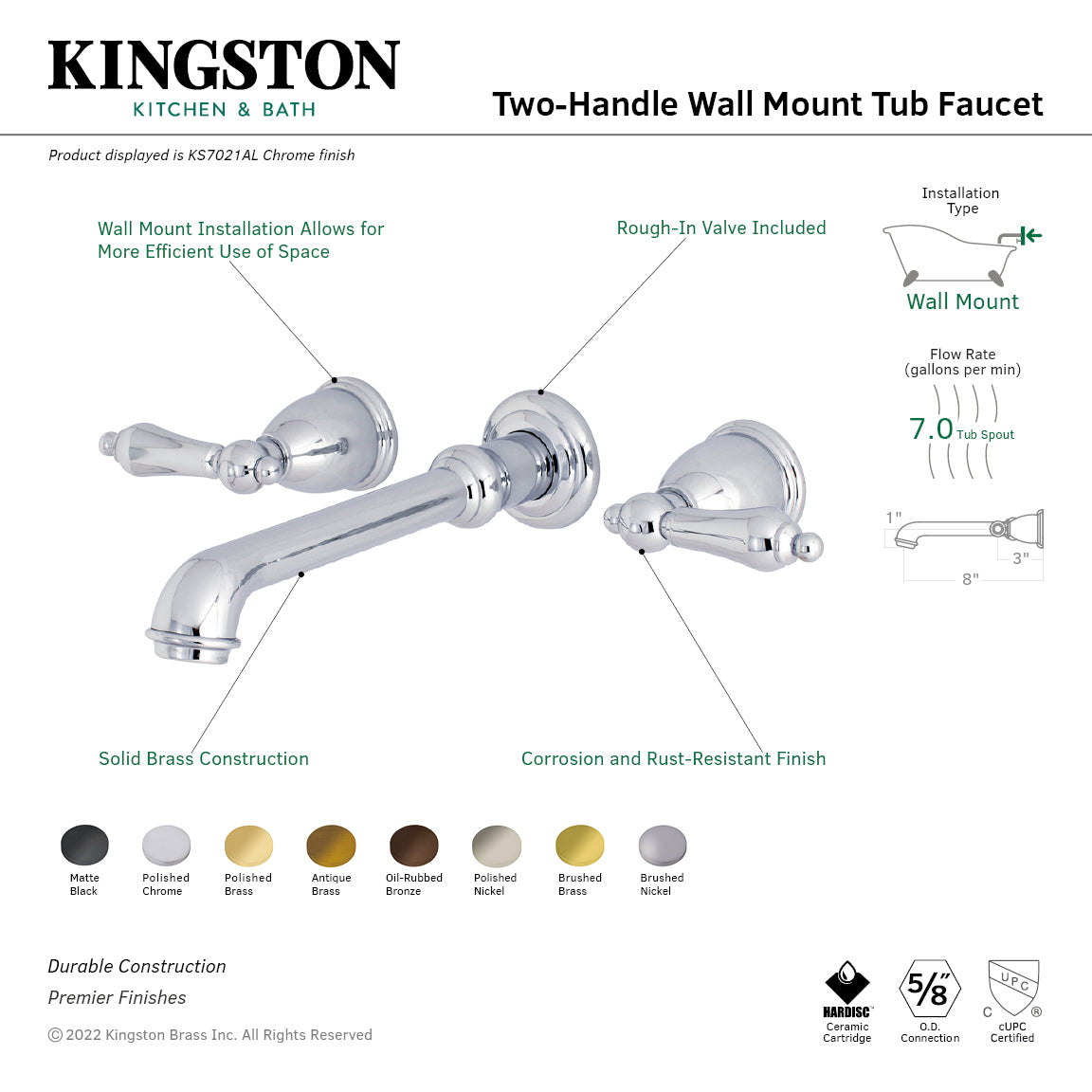Kingston Brass KS7022AL English Country Two-Handle Wall Mount Roman Tub Faucet, Polished Brass