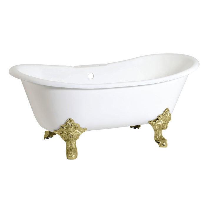 Aqua Eden VCT7DS6731NL2 67" Cast Iron Oval Double Slipper Clawfoot Tub (7" Faucet Drillings), White/Polished Brass