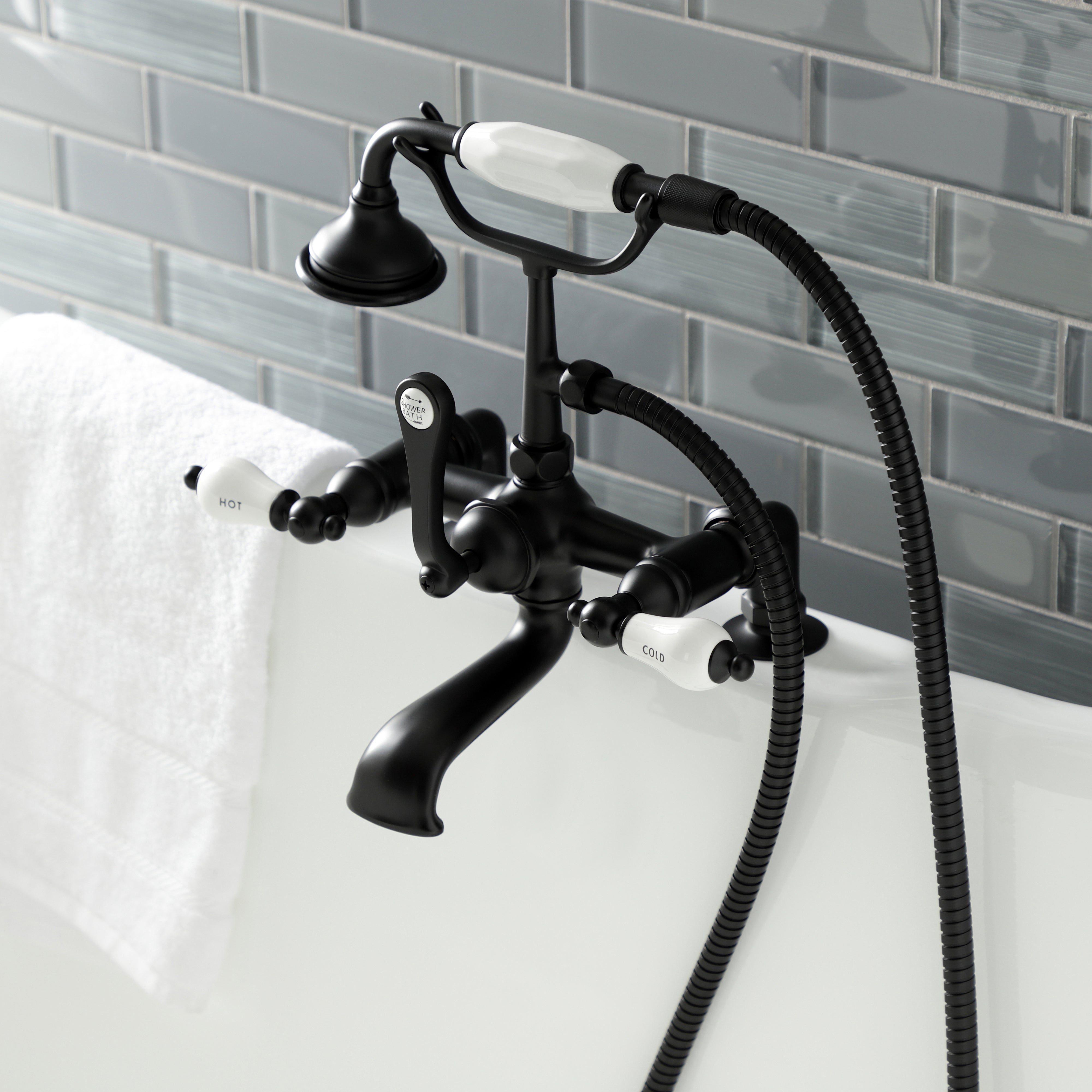 Aqua Vintage AE207T0 Aqua Vintage 7" Center Deck-Mount Clawfoot Tub Faucet with Hand Shower, Matte Black