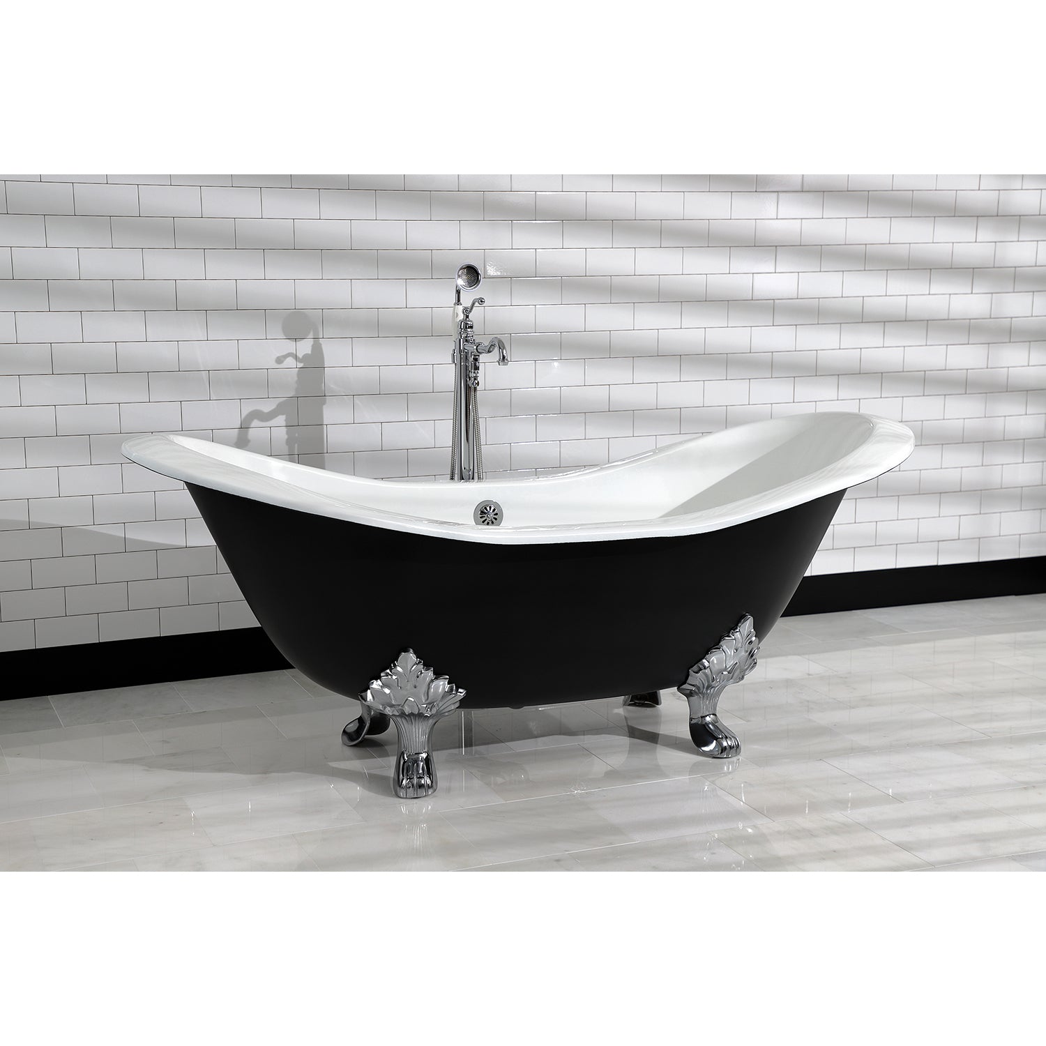 Aqua Eden VBTND7231NC1 72" Cast Iron Oval Double Slipper Clawfoot Tub (No Faucet Drillings), Black/White/Polished Chrome