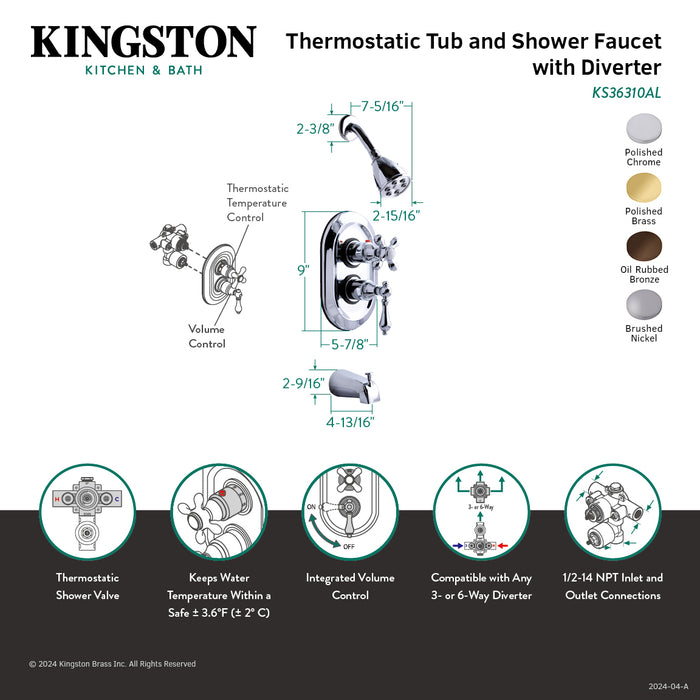 Kingston KS36320AL Restoration Double-Handle 3-Hole Thermostatic Tub and Shower Faucet with Diverter Spout, Polished Brass