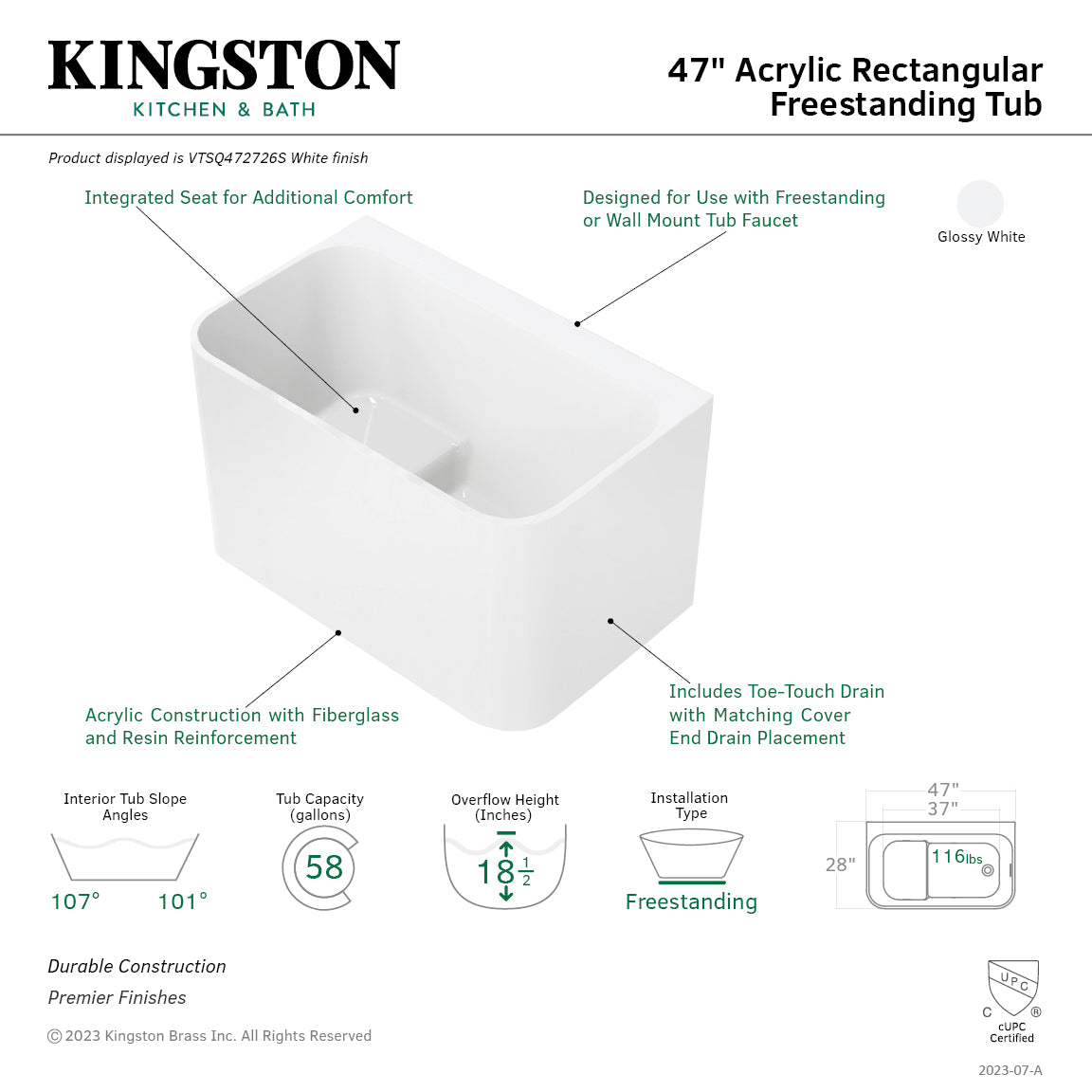 Kingston Brass VTSQ472726S 47" Acrylic Rectangular Back-to-Wall Freestanding Tub with Drain and Integrated Seat, Glossy White