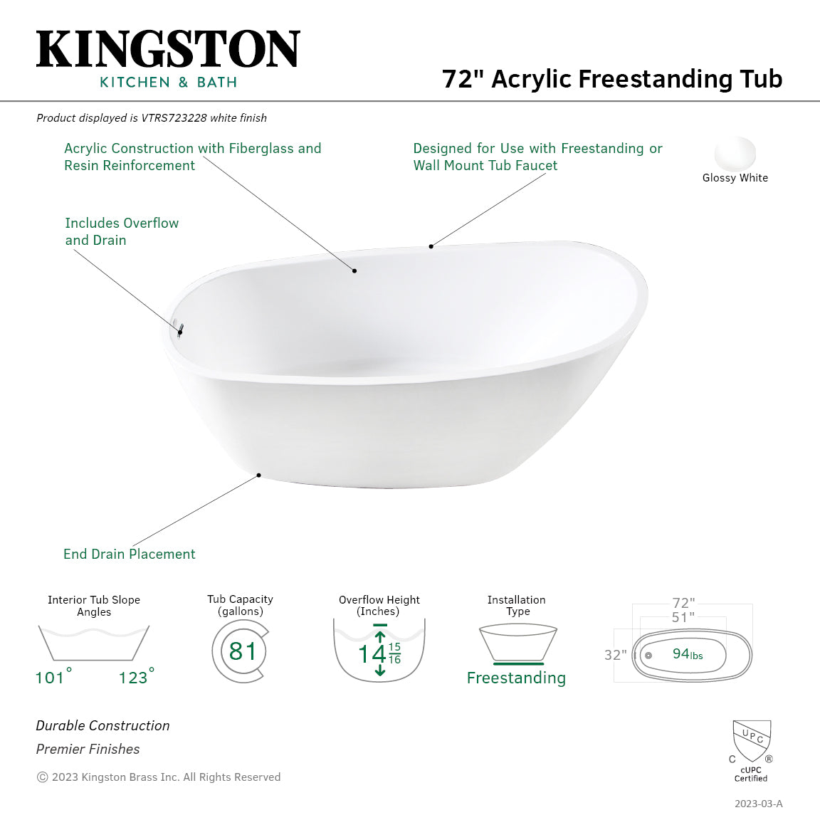 Kingston Brass VTRS723228 72" Acrylic Oval Single Slipper Freestanding Tub with Drain, Glossy White