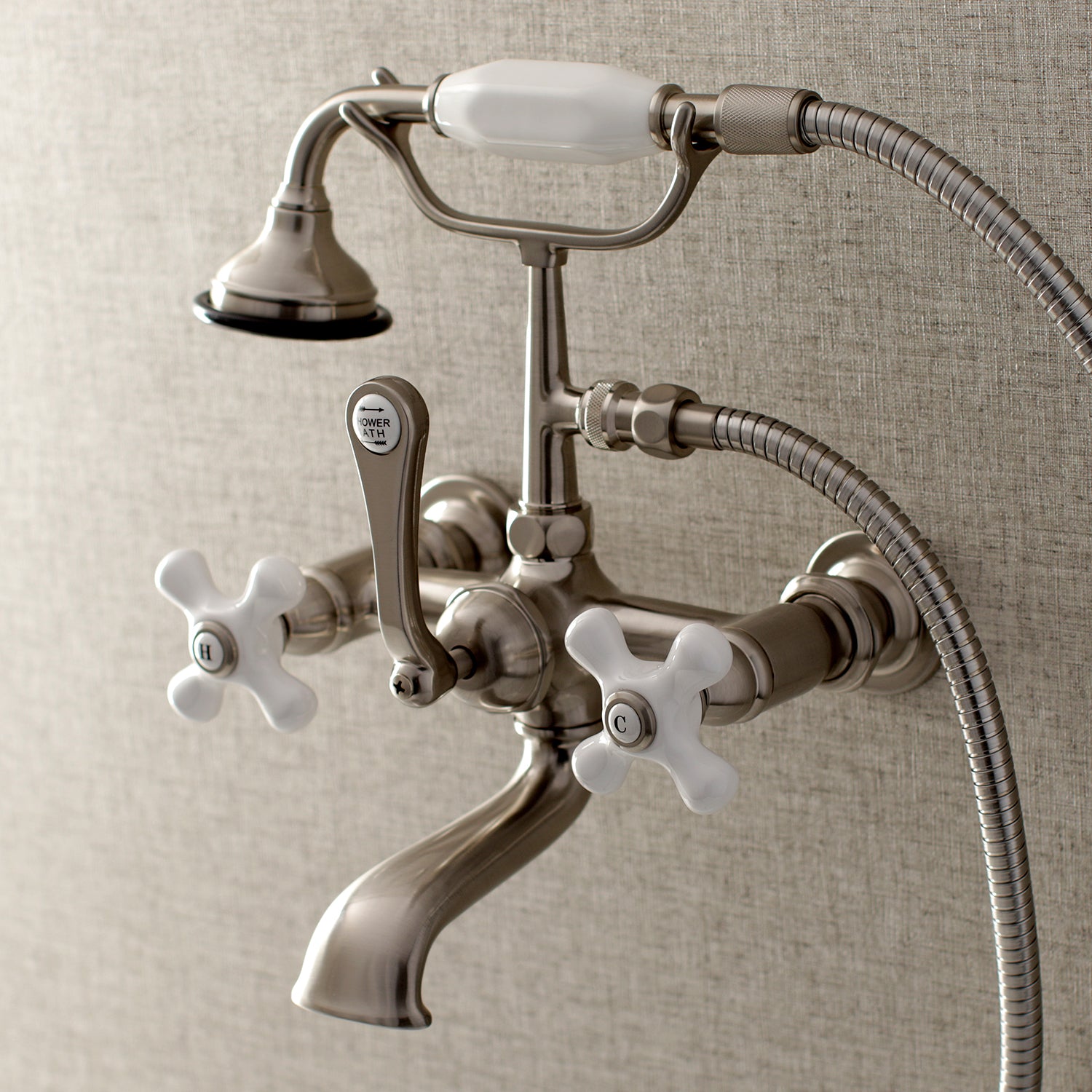 Kingston Brass AE559T8 Aqua Vintage 7-Inch Wall Mount Tub Faucet with Hand Shower, Brushed Nickel