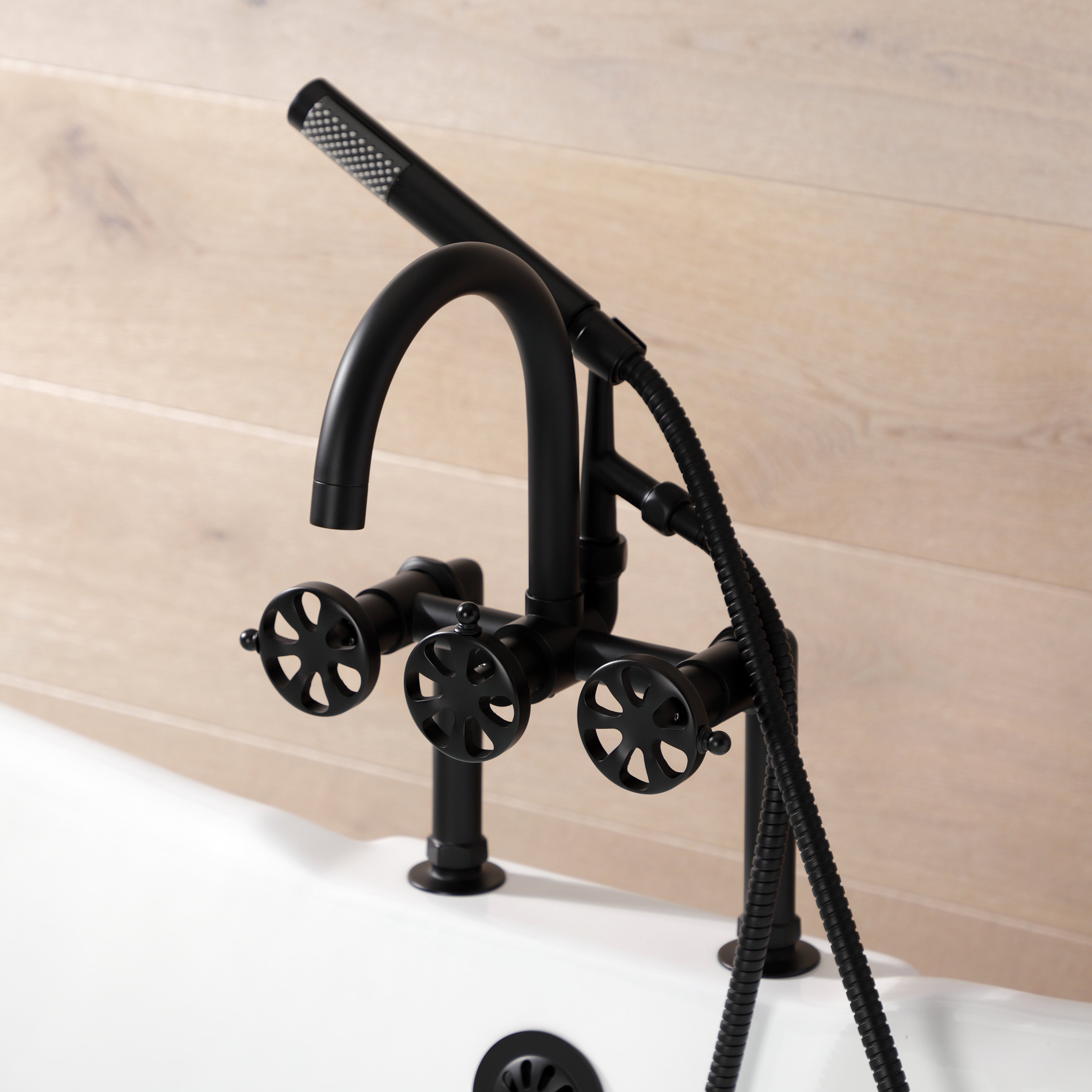 Kingston Brass AE8100RX Belknap 7" Center Deck-Mount Clawfoot Tub Faucet with Hand Shower, Matte Black