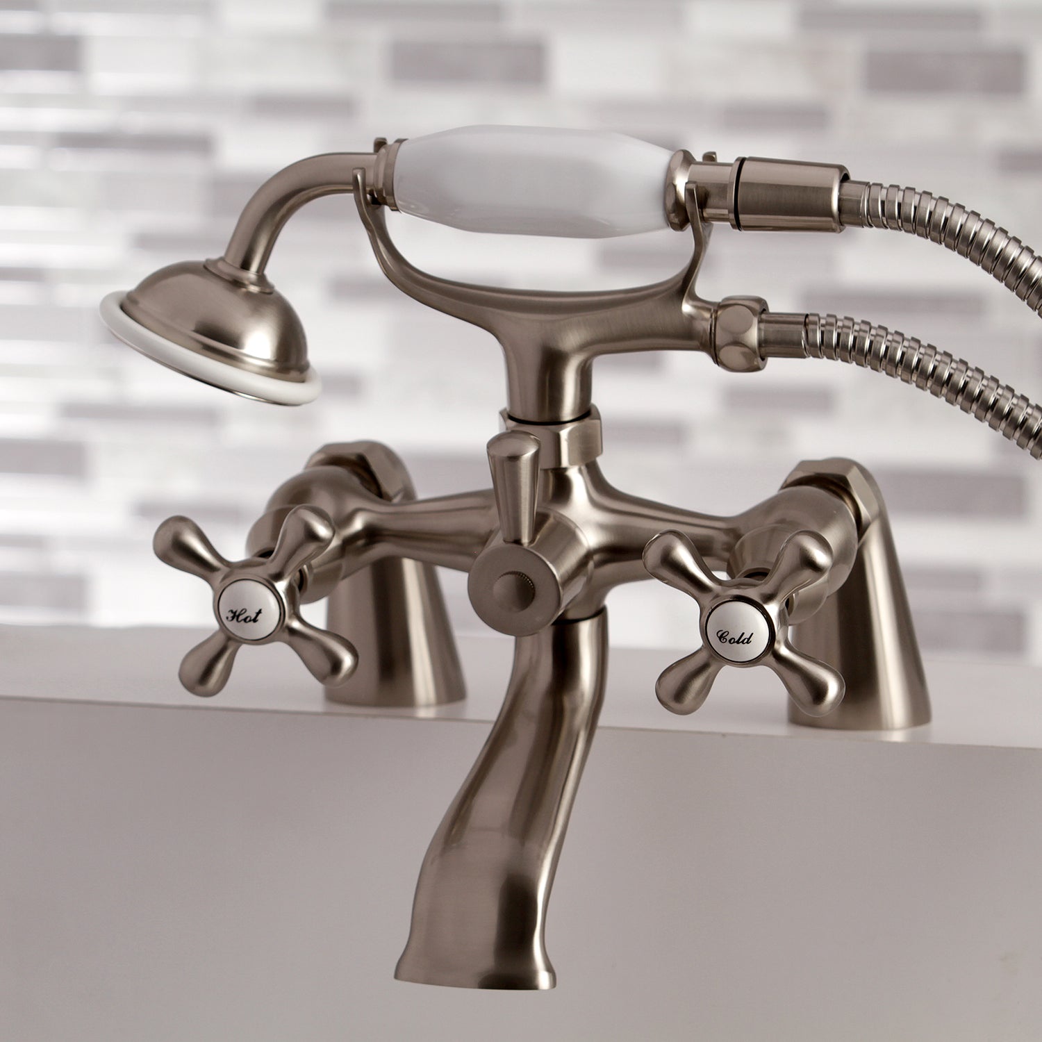 Kingston Brass KS267SN Kingston 6" Center Deck-Mount Clawfoot Tub Faucet with Hand Shower, Brushed Nickel