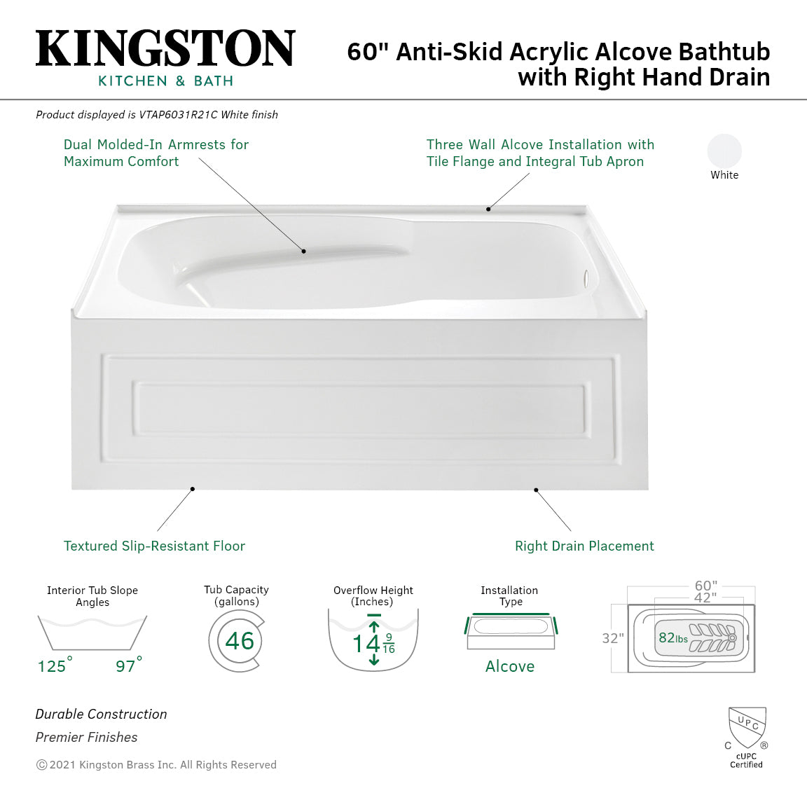 Aqua Eden VTAP6031R21C 60" Acrylic Rectangular 3-Wall Alcove Tub with Anti-Skid Surface, Right Hand Drain, Glossy White