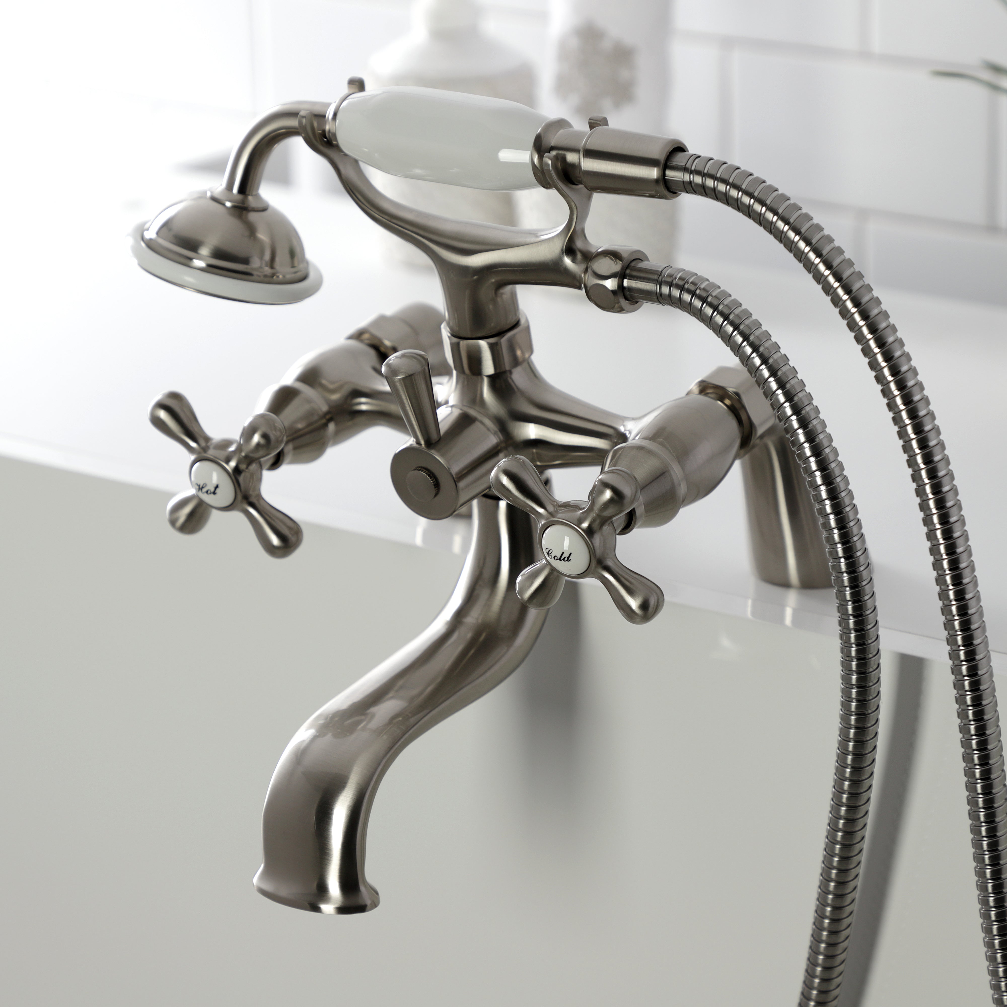 Kingston Brass KS227SN Kingston 6" Center Deck-Mount Clawfoot Tub Faucet with Hand Shower, Brushed Nickel