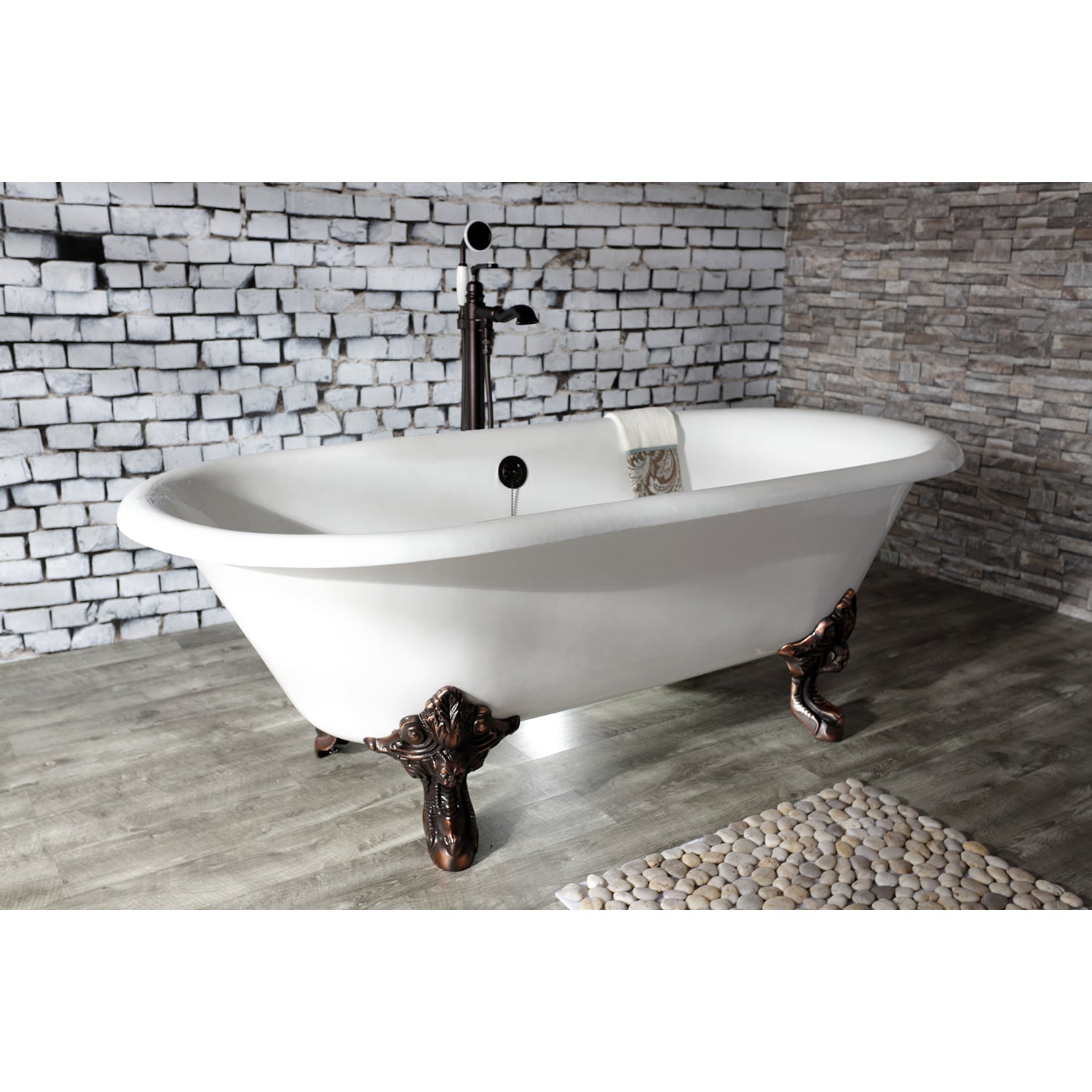 Aqua Eden VCTDE7232NL5 72" Cast Iron Oval Double Ended Clawfoot Tub (No Faucet Drillings), White/Oil Rubbed Bronze