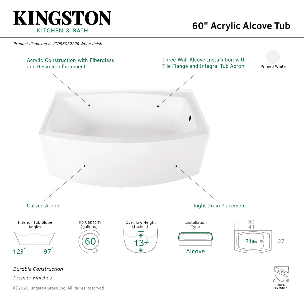 Aqua Eden VTDR603222R 60" Acrylic Rectangular 3-Wall Alcove Tub, Right Hand Drain Hole, Glossy White