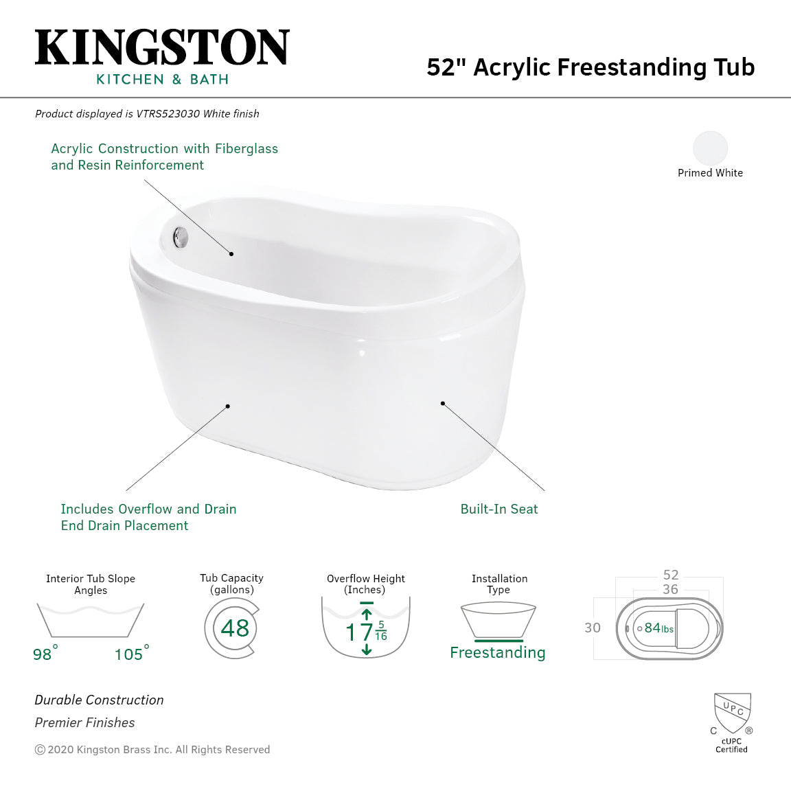 Kingston Brass VTRS523030 52" Acrylic Oval Single Slipper Freestanding Tub with Drain and Integrated Seat, Glossy White