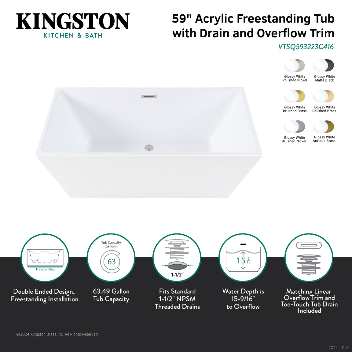 Kingston Brass VTSQ593223C418 59" Acrylic Rectangular Double Ended Freestanding Tub with Drain, Glossy White/Brushed Nickel