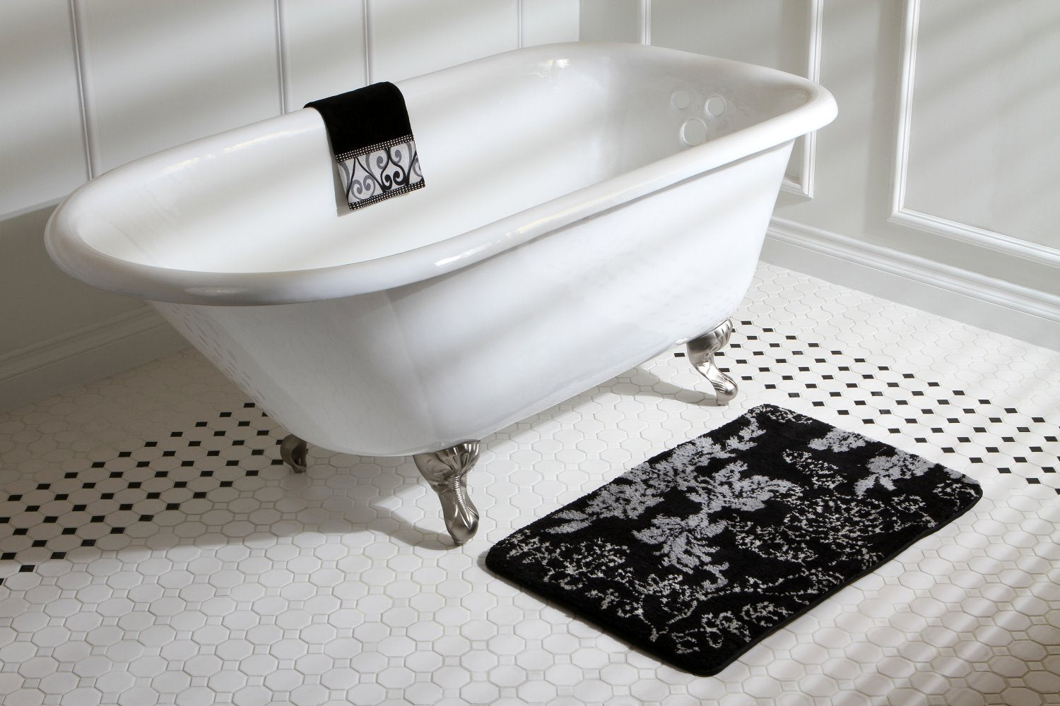 Aqua Eden VCT3D603019NT8 60" Cast Iron Oval Rectangular Roll Top Clawfoot Tub (3-3/8" Wall Drillings), White/Brushed Nickel