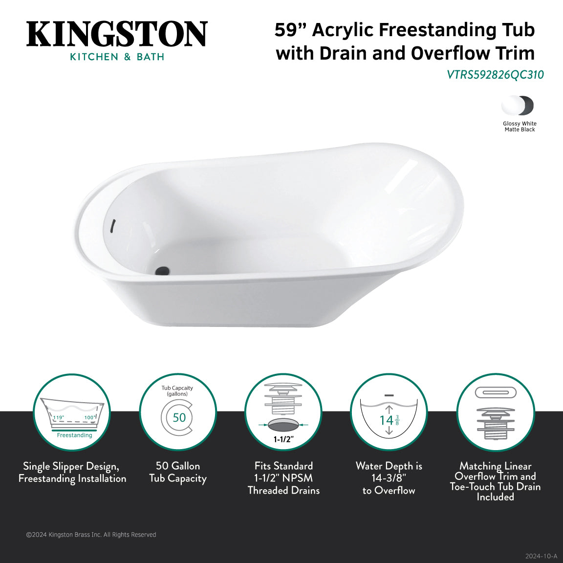 Kingston Brass VTRS592826QC310 59" Acrylic Oval Single Slipper Freestanding Tub with Drain, Glossy White/Matte Black