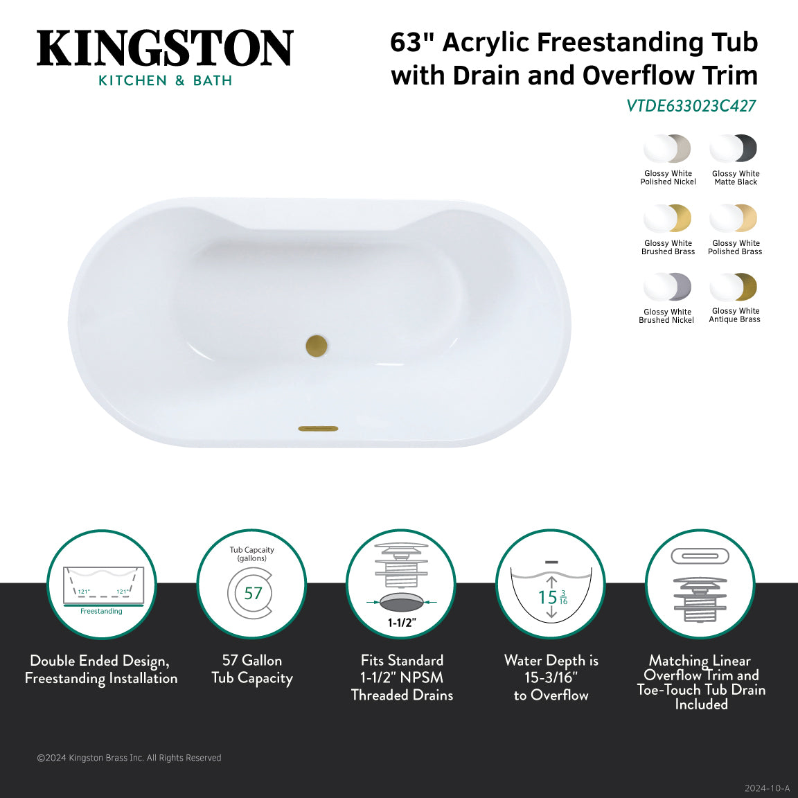 Kingston Brass VTDE633023C428 63" Acrylic Oval Double Ended Freestanding Tub with Drain, Glossy White/Brushed Nickel
