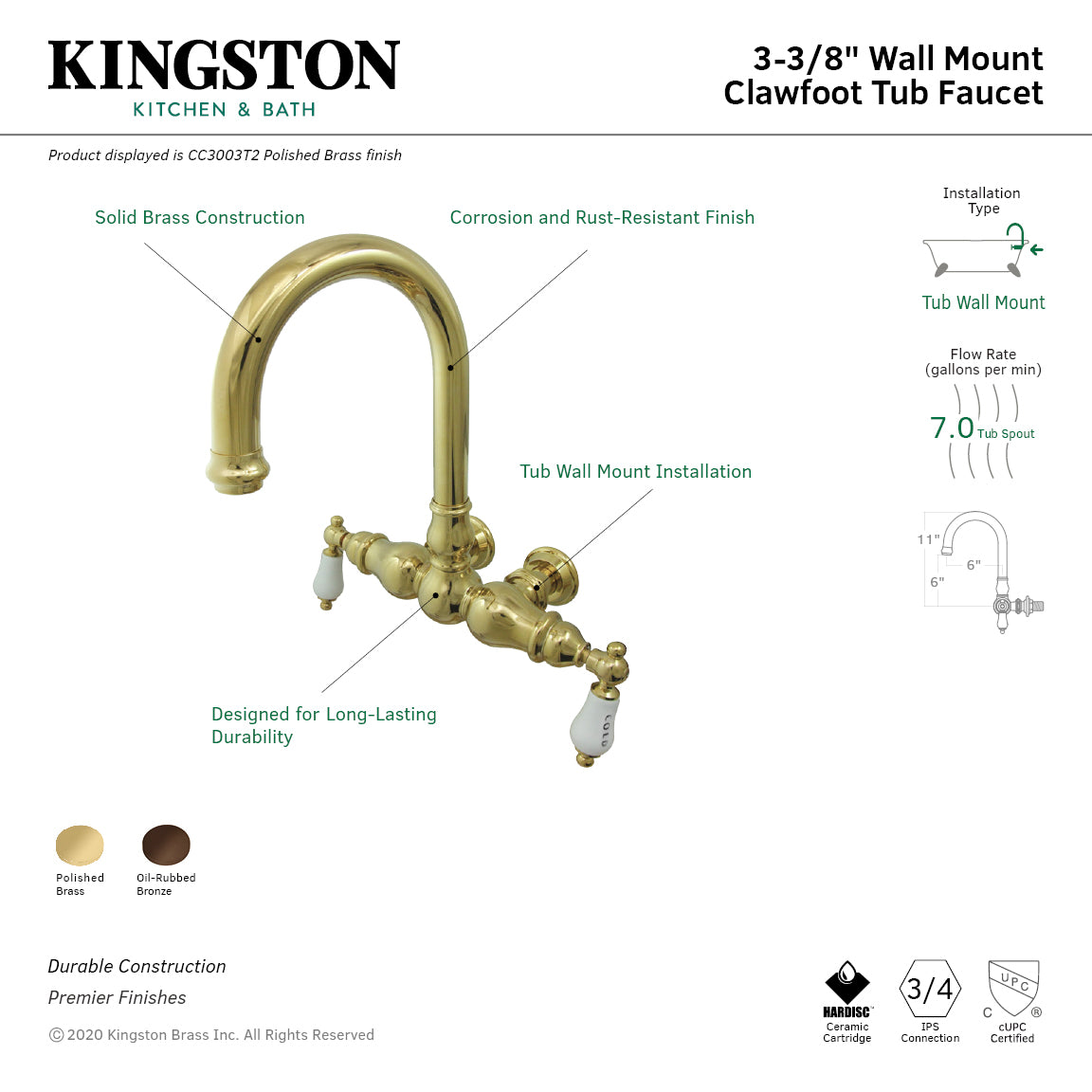 Kingston Brass CC3003T5 Vintage 3-3/8-Inch Wall Mount Tub Faucet, Oil Rubbed Bronze