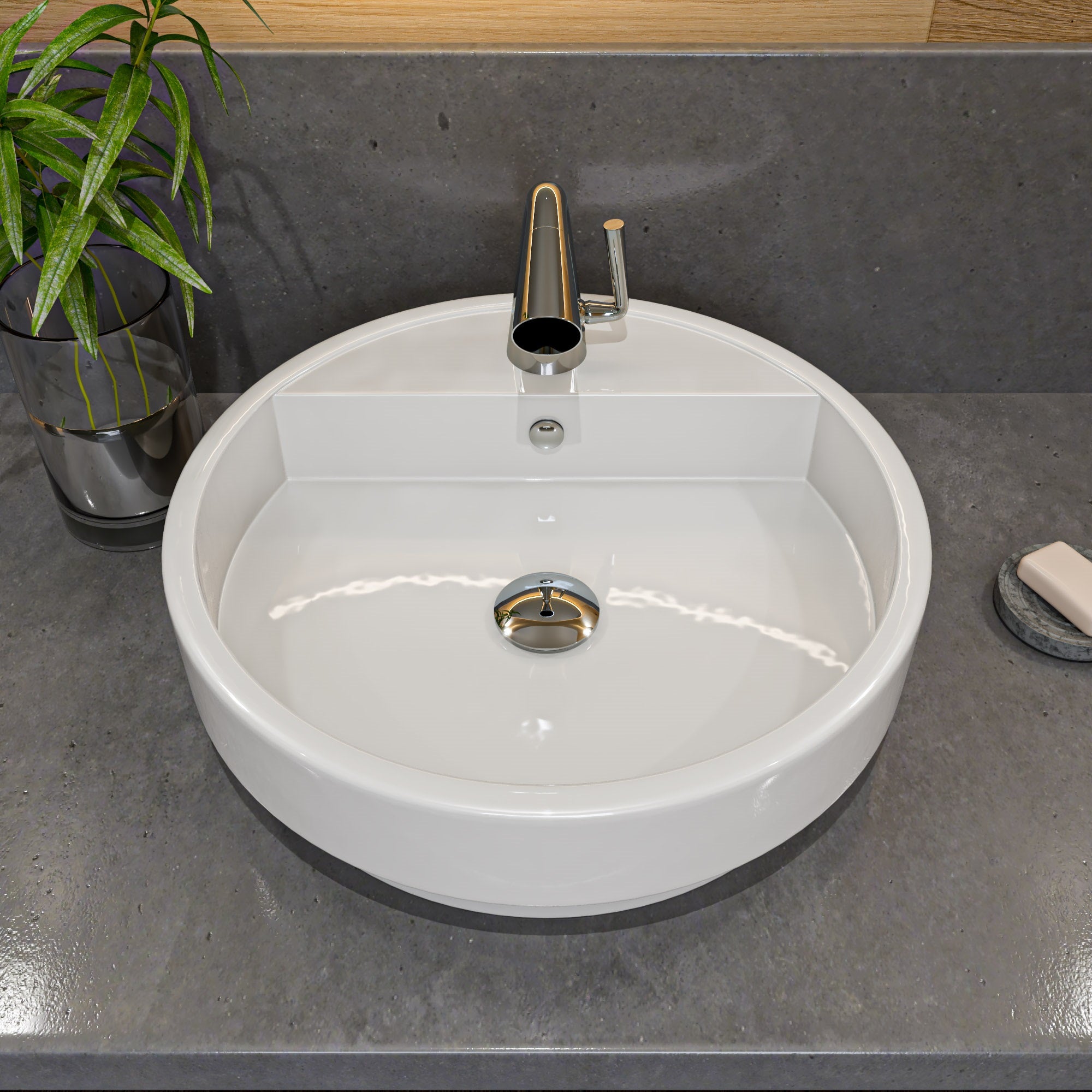 ALFI ABC702 White 19" Round Semi Recessed Ceramic Sink with Faucet Hole