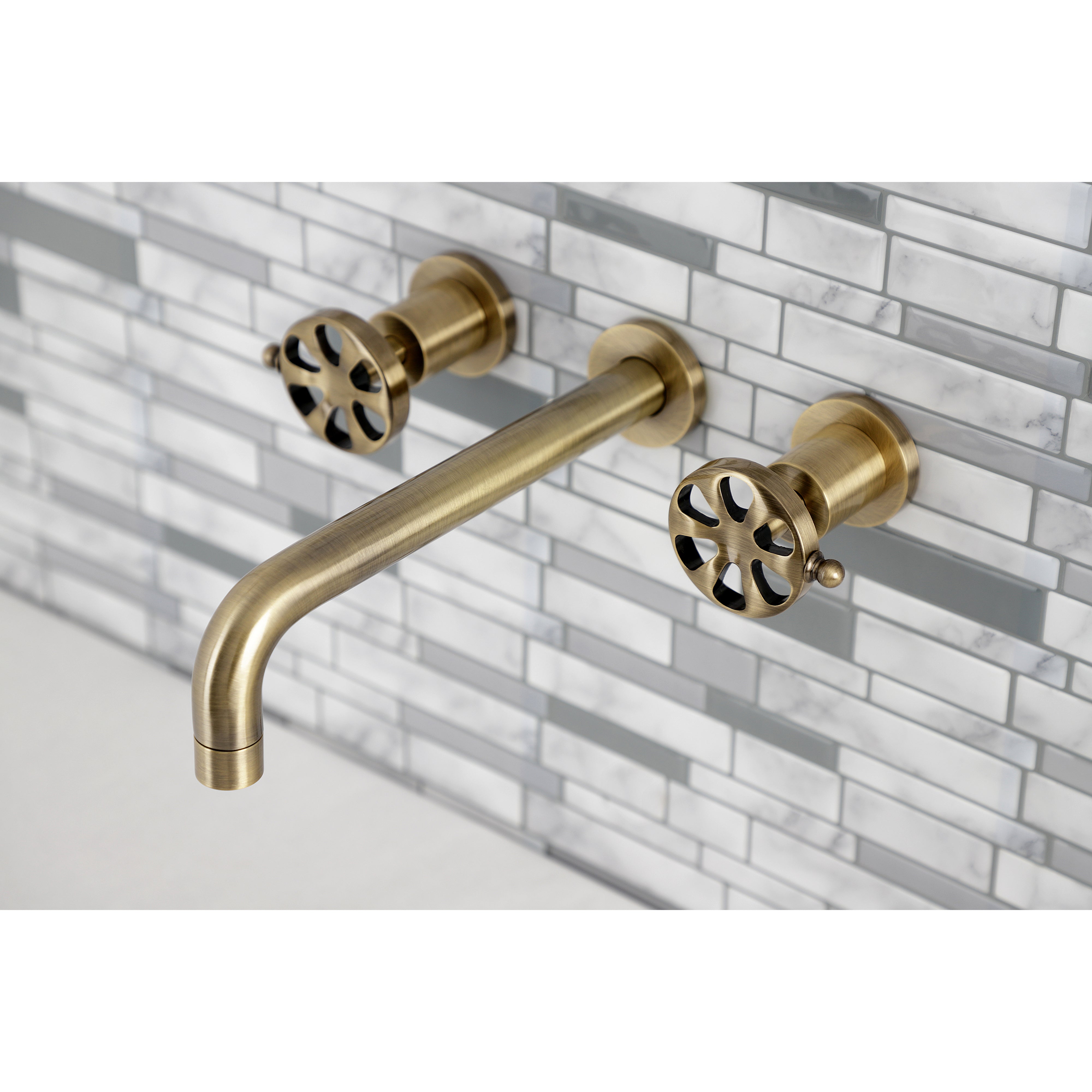 Kingston Brass KS8023RX Belknap Two-Handle Wall Mount Roman Tub Faucet, Antique Brass