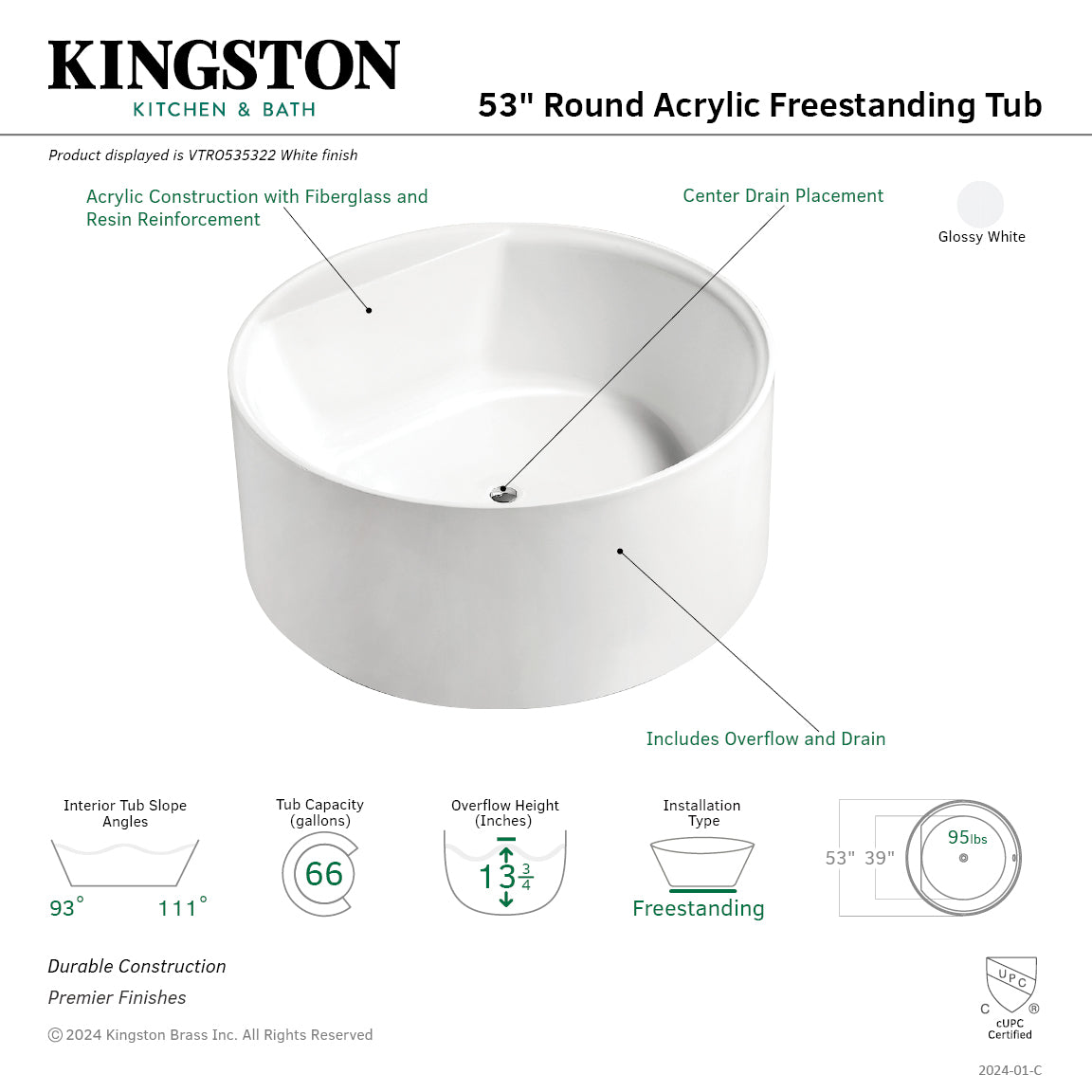 Kingston Brass VTRO535322 53" Acrylic Round Double Ended Freestanding Tub with Drain, Glossy White