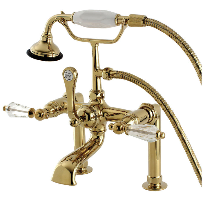 Aqua Vintage AE103T2WLL Wilshire 7" Center Deck-Mount Clawfoot Tub Faucet with Hand Shower, Polished Brass