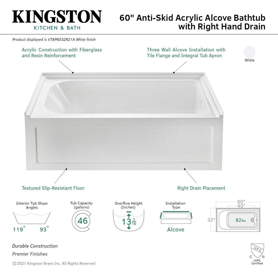 Aqua Eden VTAP6032R21A 60" Acrylic Rectangular 3-Wall Alcove Tub with Anti-Skid Surface, Right Hand Drain, Glossy White