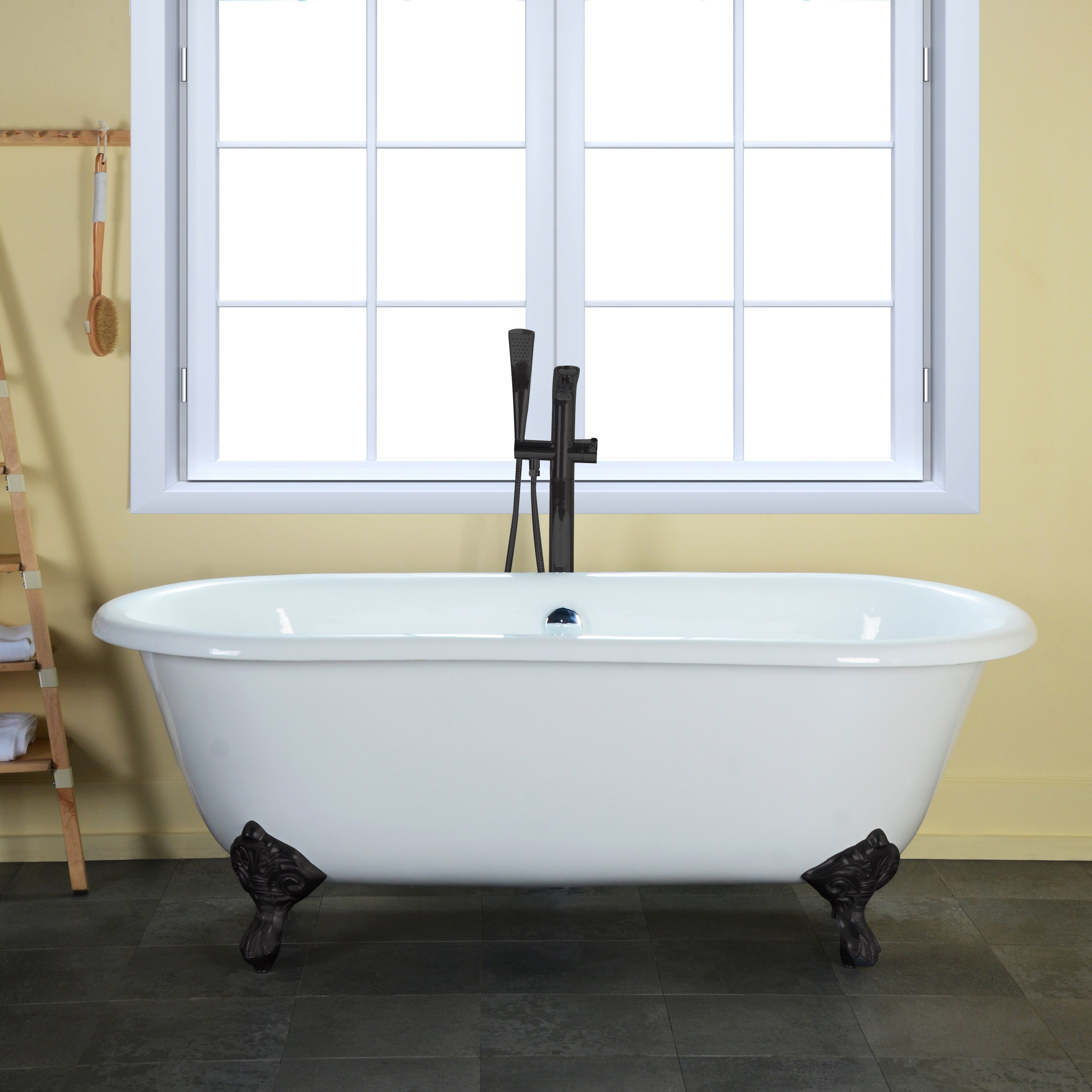 Aqua Eden VCTND603017NB0 60" Cast Iron Oval Double Ended Clawfoot Tub (No Faucet Drillings), White/Matte Black