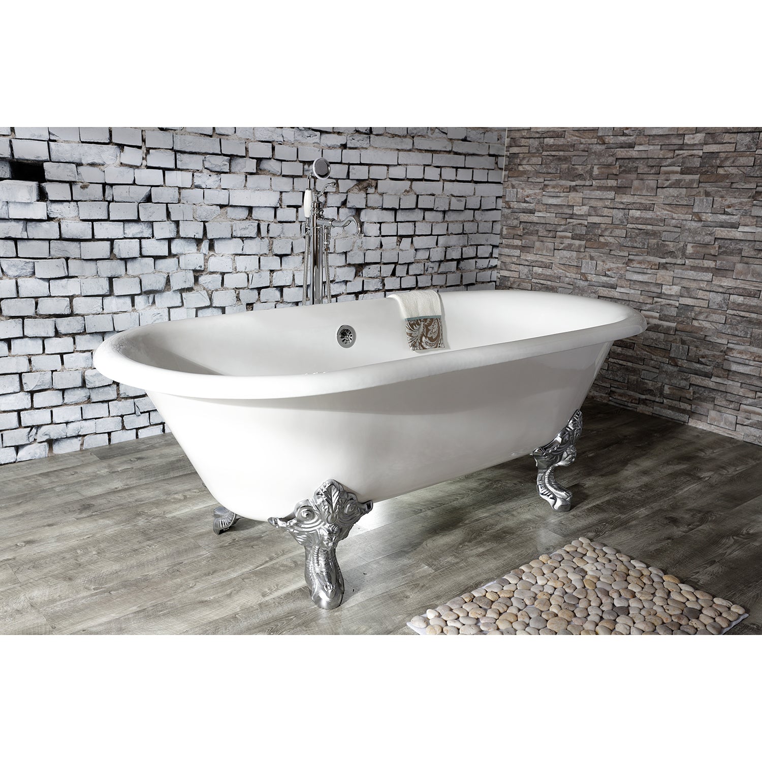 Aqua Eden VCTDE7232NL1 72" Cast Iron Oval Double Ended Clawfoot Tub (No Faucet Drillings), White/Polished Chrome