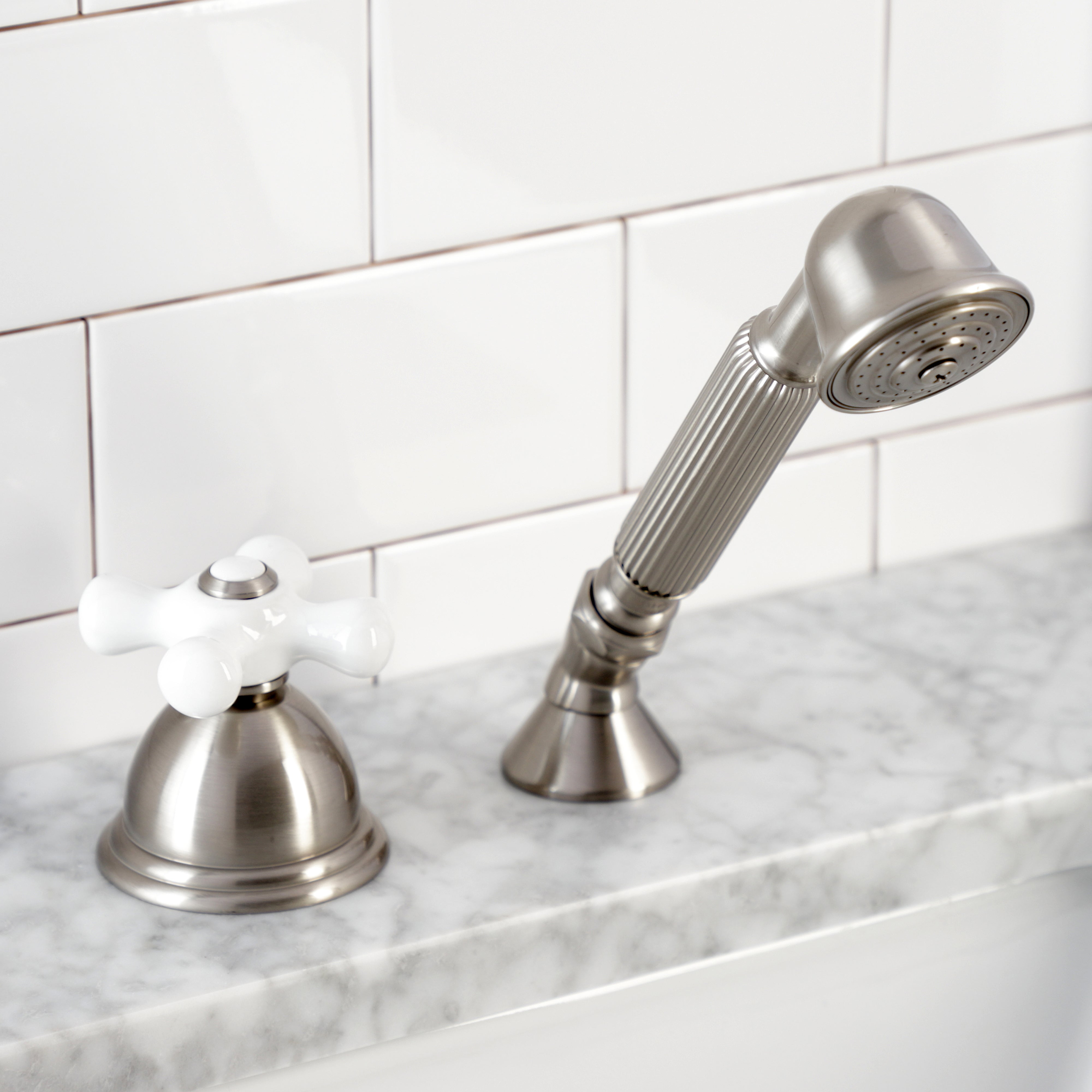 Kingston Brass KSK3358PXTR Deck Mount Hand Shower with Diverter for Roman Tub Faucet, Brushed Nickel