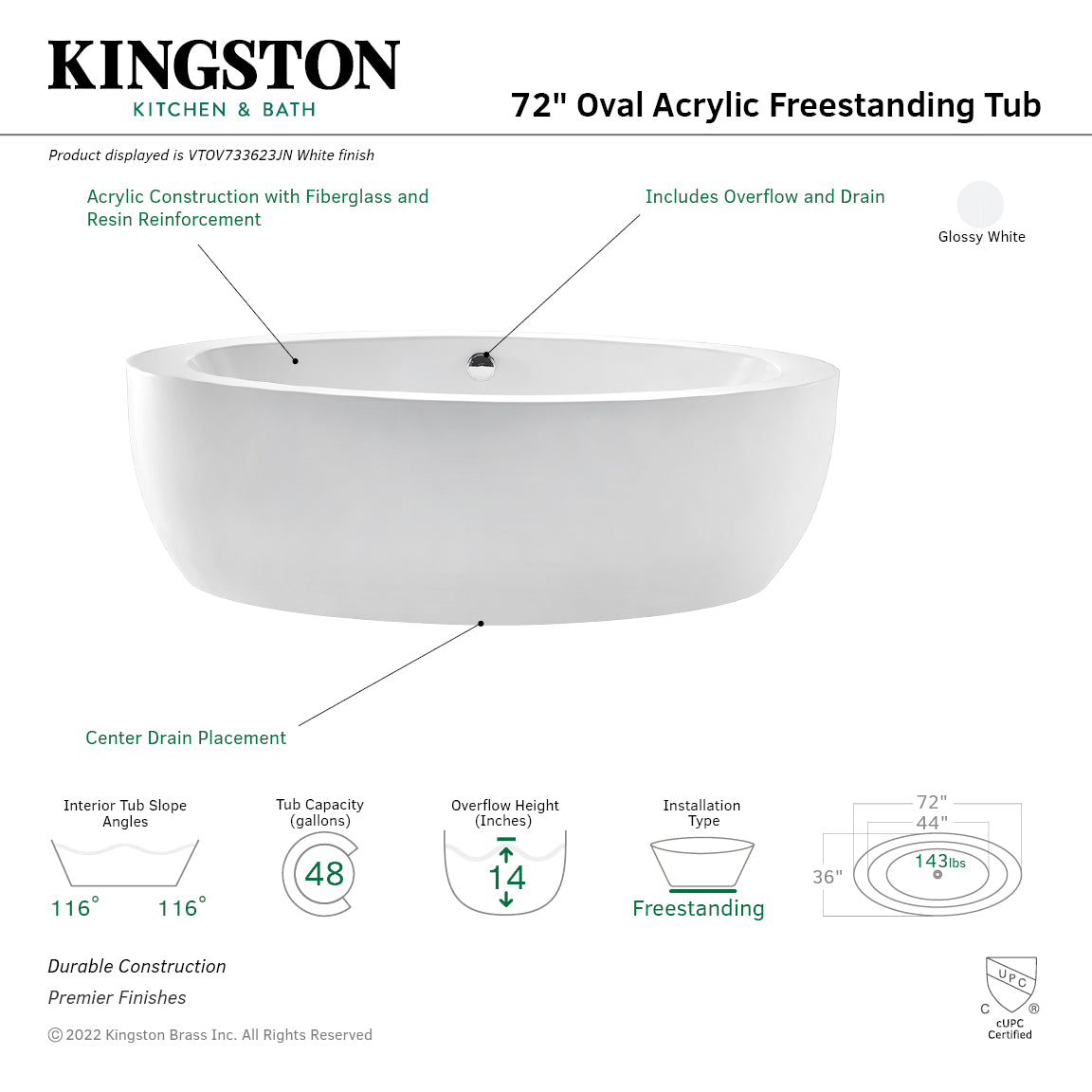 Kingston Brass VTOV733623JN 72" Acrylic Oval Double Ended Freestanding Tub with Drain, Glossy White