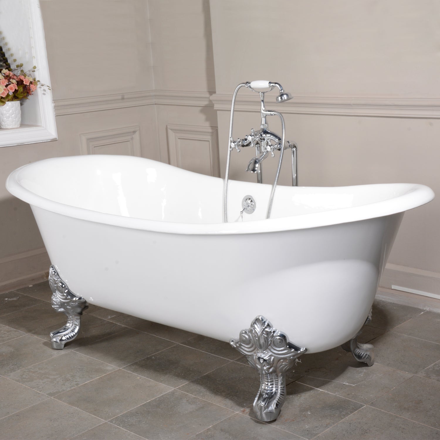 Aqua Eden VCTNDS7231NL1 72" Cast Iron Oval Double Slipper Clawfoot Tub (No Faucet Drillings), White/Polished Chrome