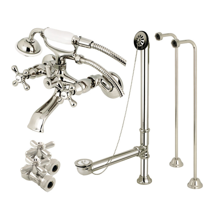 Kingston Brass CCK265PN Vintage Wall Mount Clawfoot Tub Faucet Package with Supply Line, Hand Shower and Tub Drain, Polished Nickel