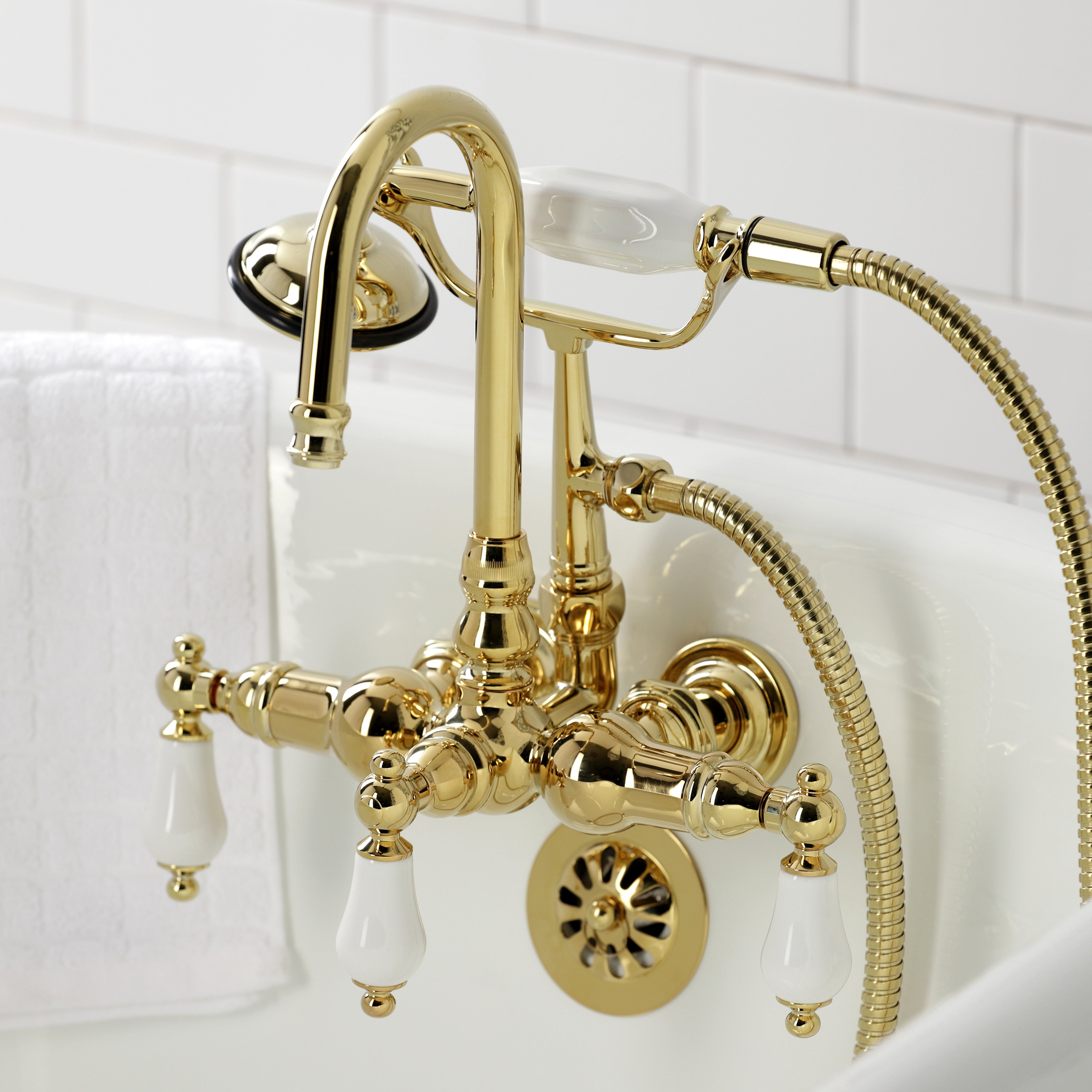 Kingston Brass CA11T2 Vintage 3-3/8" Tub Wall Mount Clawfoot Tub Faucet with Hand Shower, Polished Brass