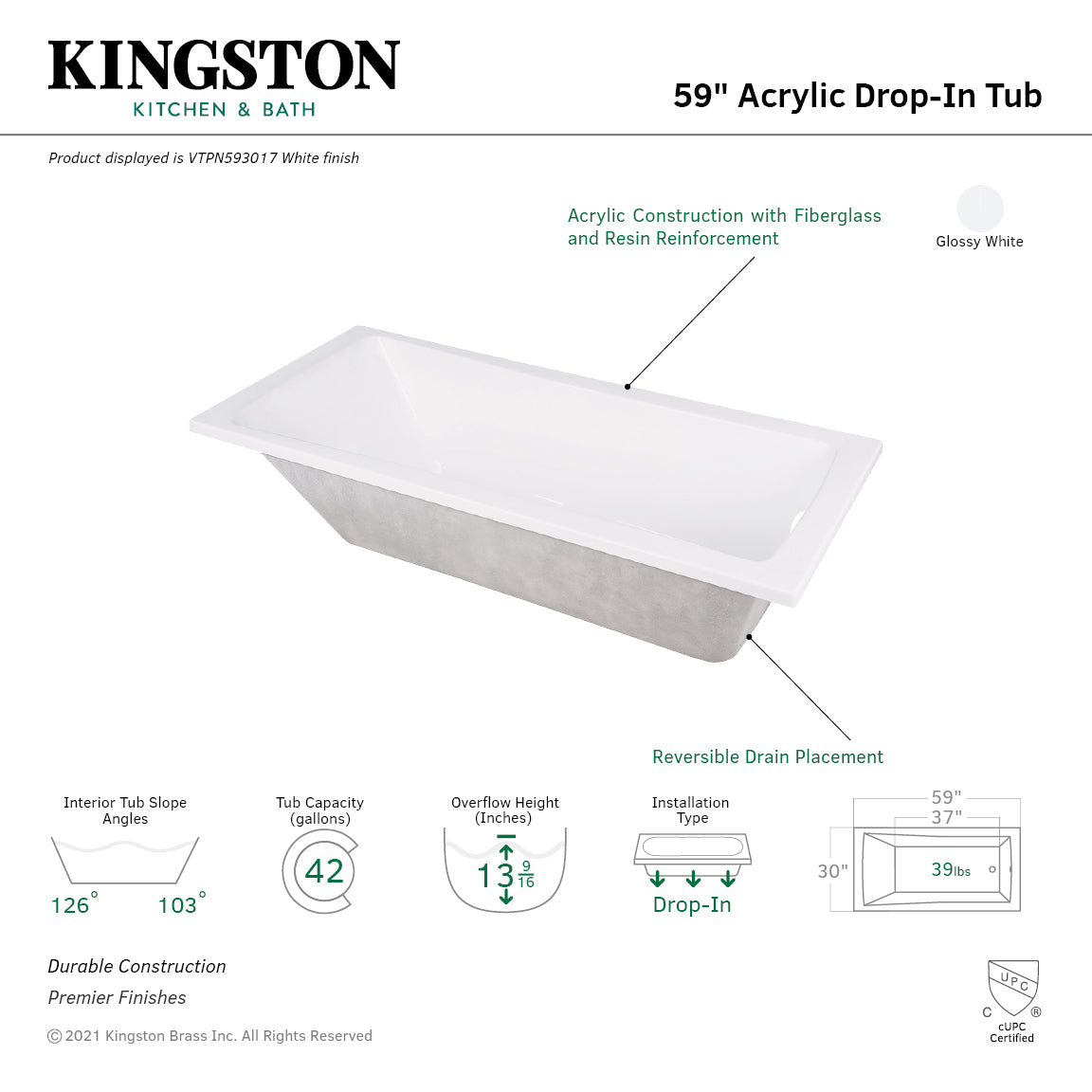 Aqua Eden VTPN593017 59" Acrylic Rectangular Drop-In Tub with Reversible Drain, Glossy White