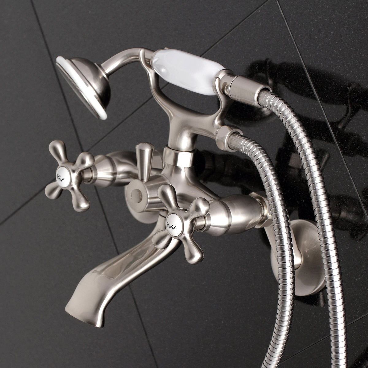Kingston Brass KS266SN Kingston Wall Mount Clawfoot Tub Faucet with Hand Shower, Brushed Nickel