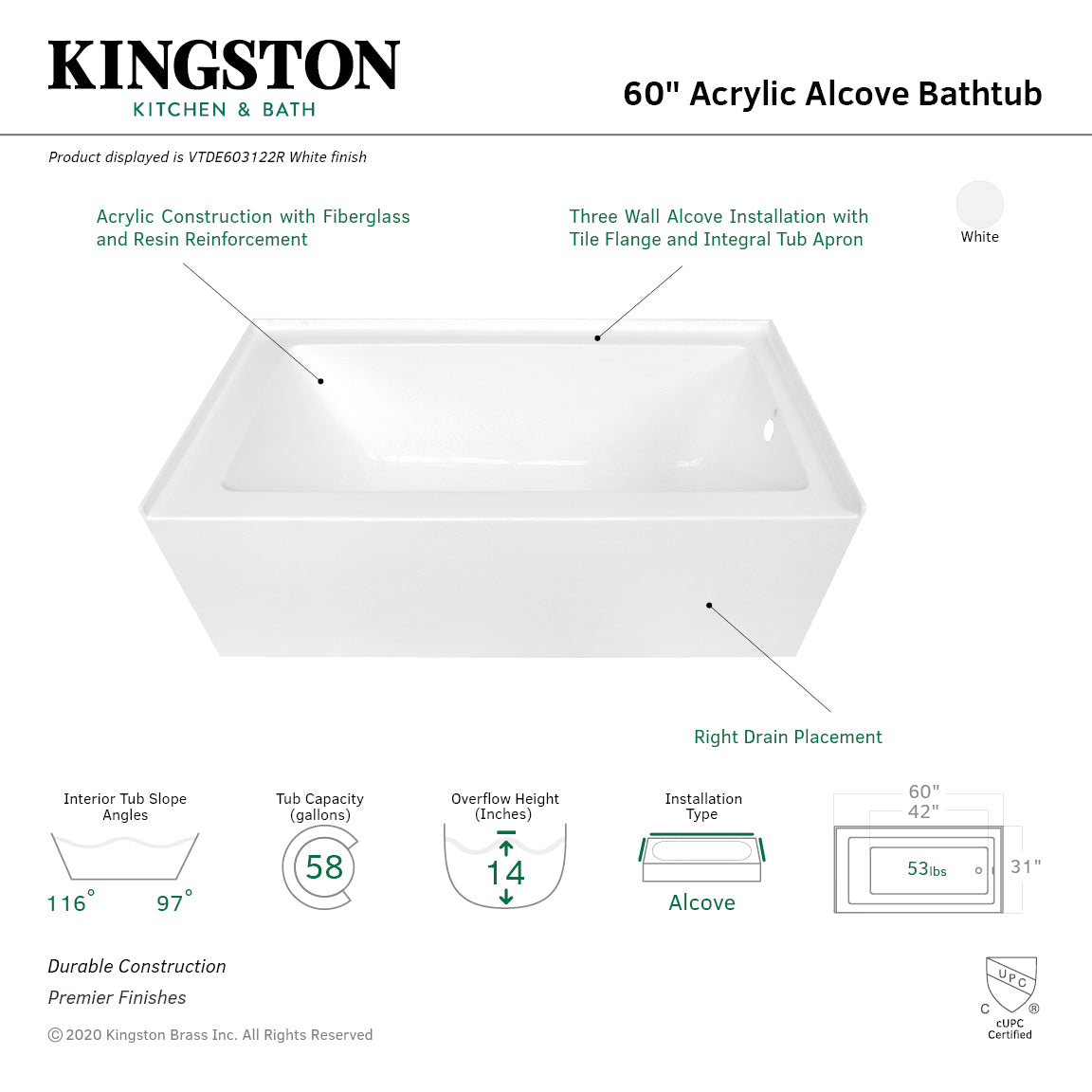 Aqua Eden VTDE603122R 60" Acrylic Rectangular 3-Wall Alcove Tub, Right Hand Drain, Glossy White