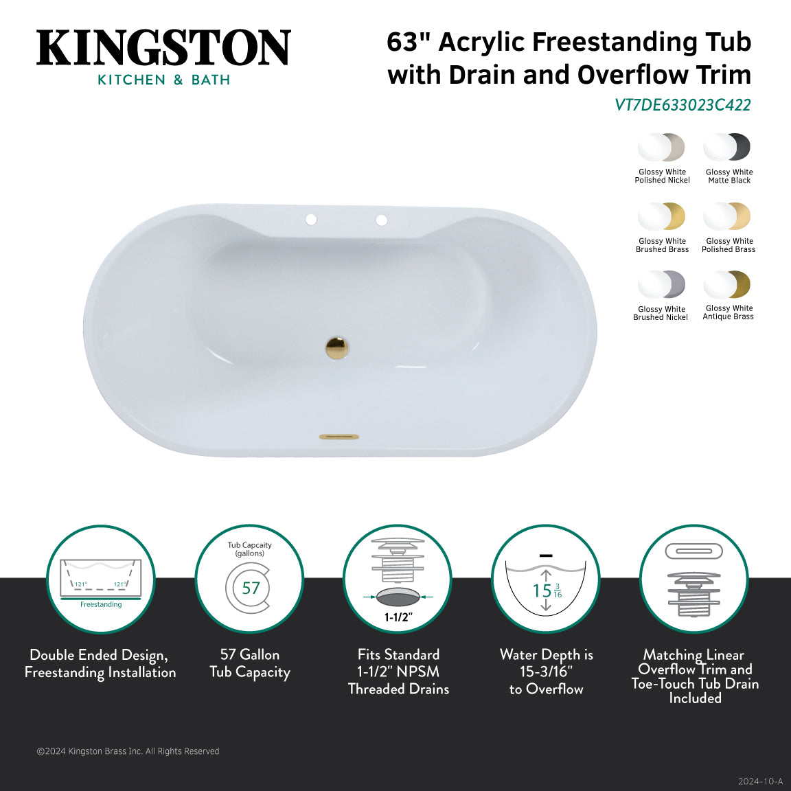 Kingston Brass VT7DE633023C426 63" Acrylic Oval Double Ended Freestanding Tub with Drain, Glossy White/Polished Nickel