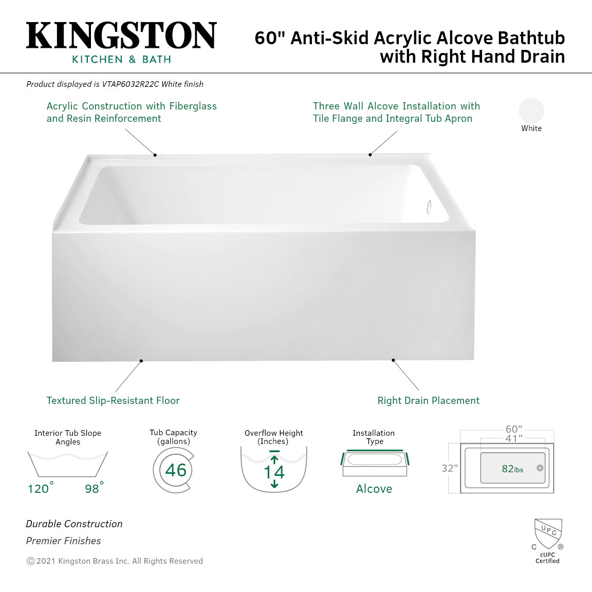 Aqua Eden VTAP6032R22C 60" Acrylic Rectangular 3-Wall Alcove Tub with Anti-Skid Surface, Right Hand Drain, Glossy White