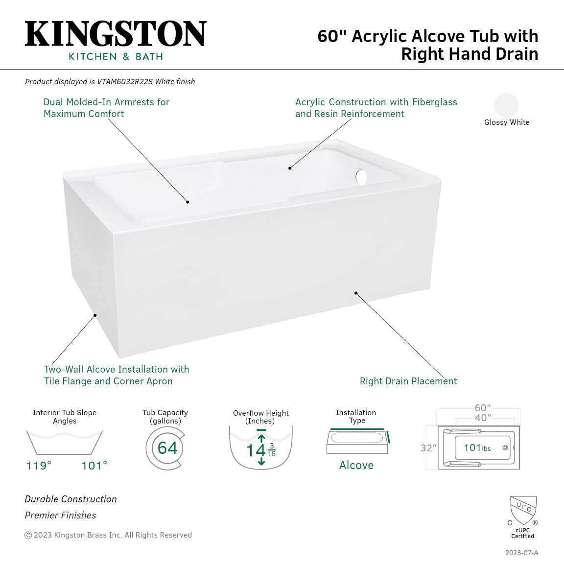 Aqua Eden VTAM6032R22S 60" Acrylic Rectangular 2-Wall Corner Alcove Tub with Corner Apron, Right Hand Drain Hole, Glossy White