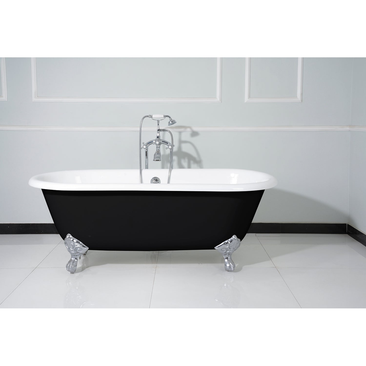 Aqua Eden VBTND663013NB1 66" Cast Iron Oval Double Ended Clawfoot Tub (No Faucet Drillings), Black/White/Polished Chrome
