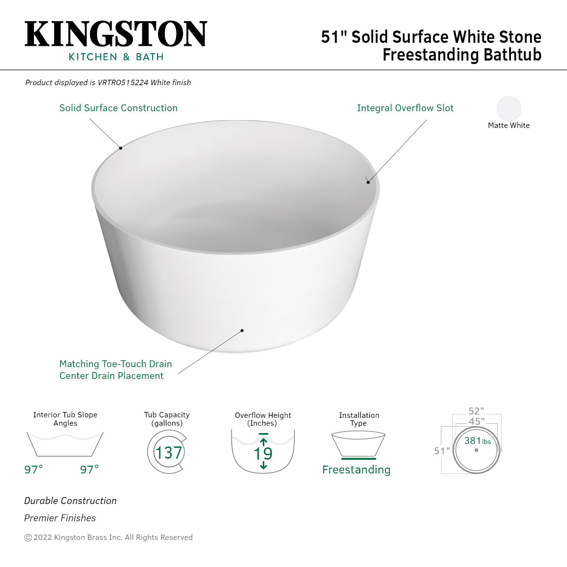 Kingston Brass VRTRO515224 51" Solid Surface Round Double Ended Freestanding Tub with Drain, Matte White