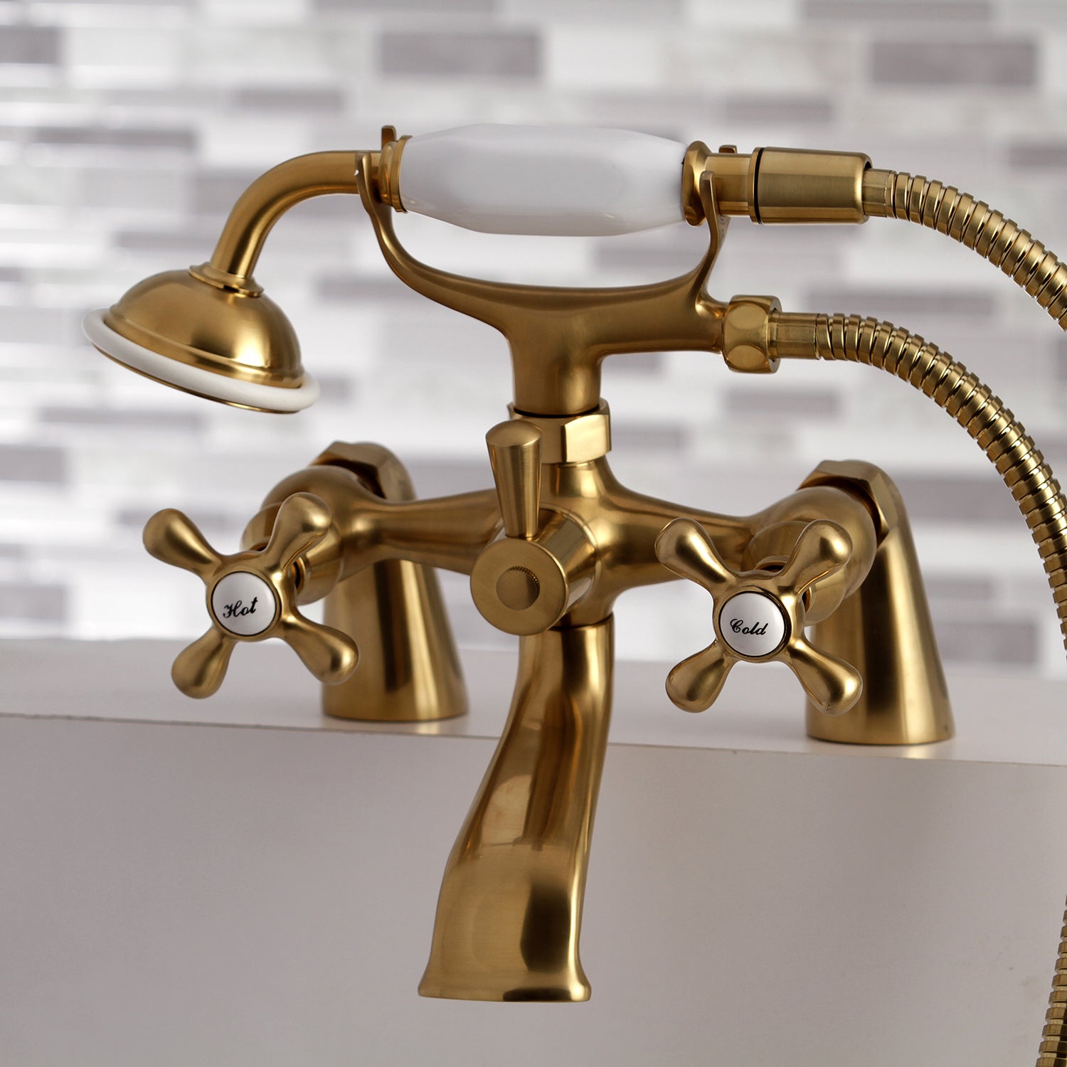 Kingston Brass KS267SB Kingston 6" Center Deck-Mount Clawfoot Tub Faucet with Hand Shower, Brushed Brass