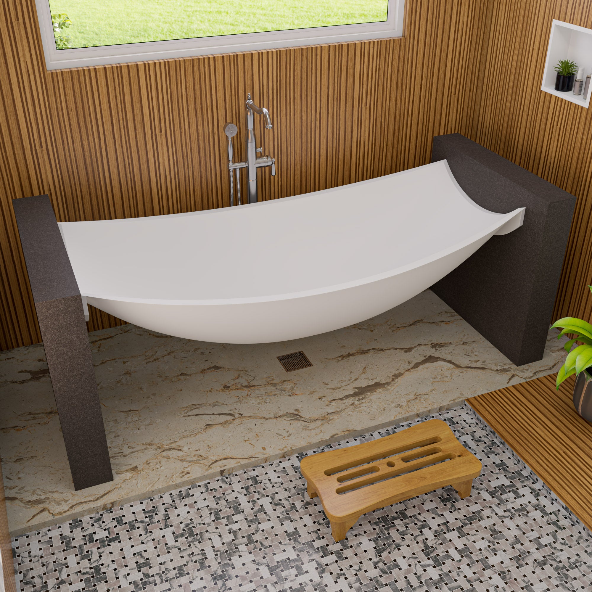 ALFI HammockTub2-WM White Matte 71" Solid Surface Resin Suspended Wall Mounted Hammock Bathtub