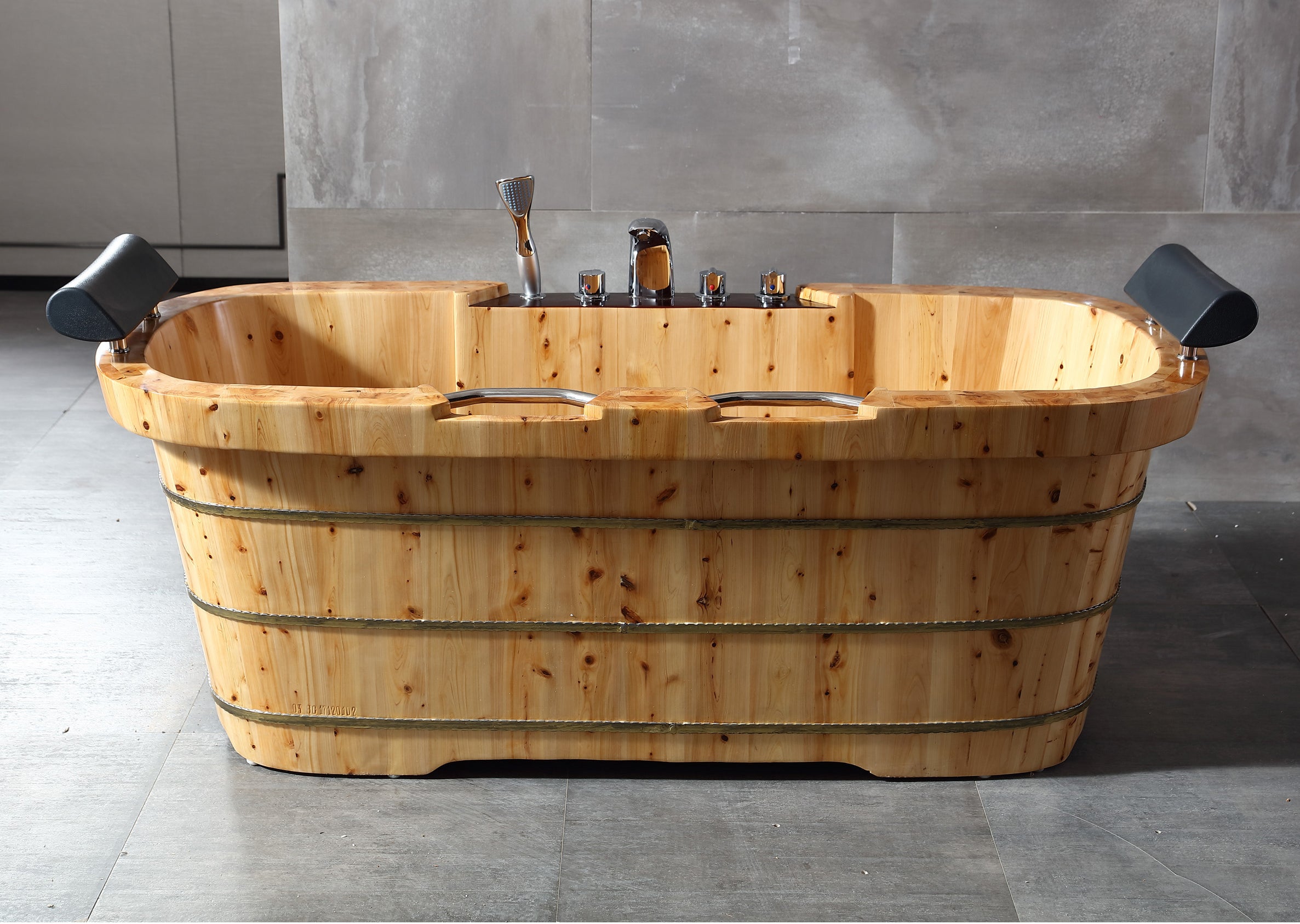 ALFI AB1130 65" 2 Person Free Standing Cedar Wooden Bathtub with Fixtures & Headrests