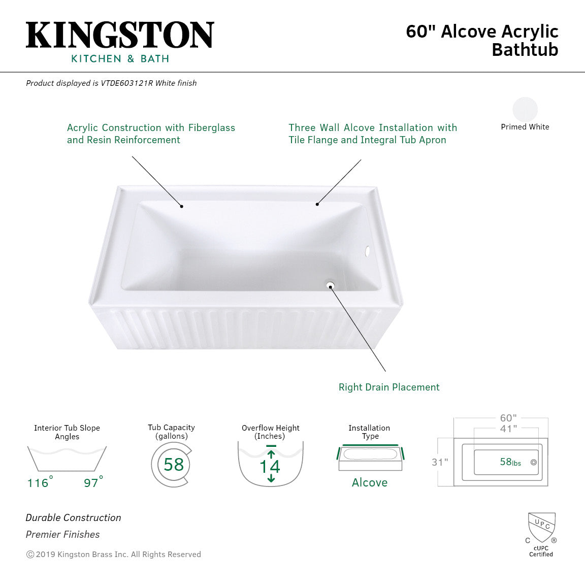 Aqua Eden VTDE603121R 60" Acrylic Rectangular 3-Wall Alcove Tub, Right Drain Hole, Glossy White