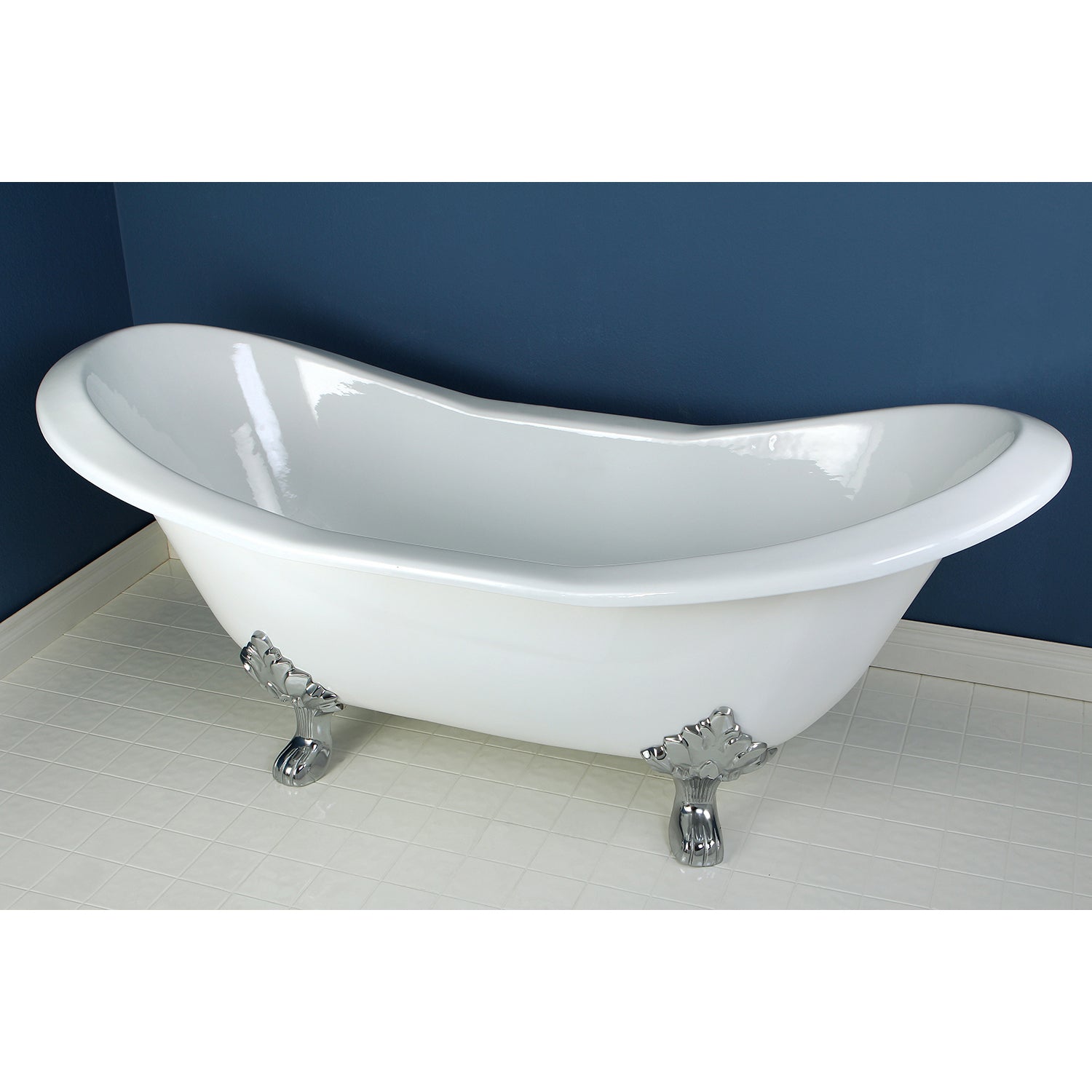 Aqua Eden VCT7D7231NC1 72" Cast Iron Oval Double Slipper Clawfoot Tub (7" Faucet Drillings), White/Polished Chrome