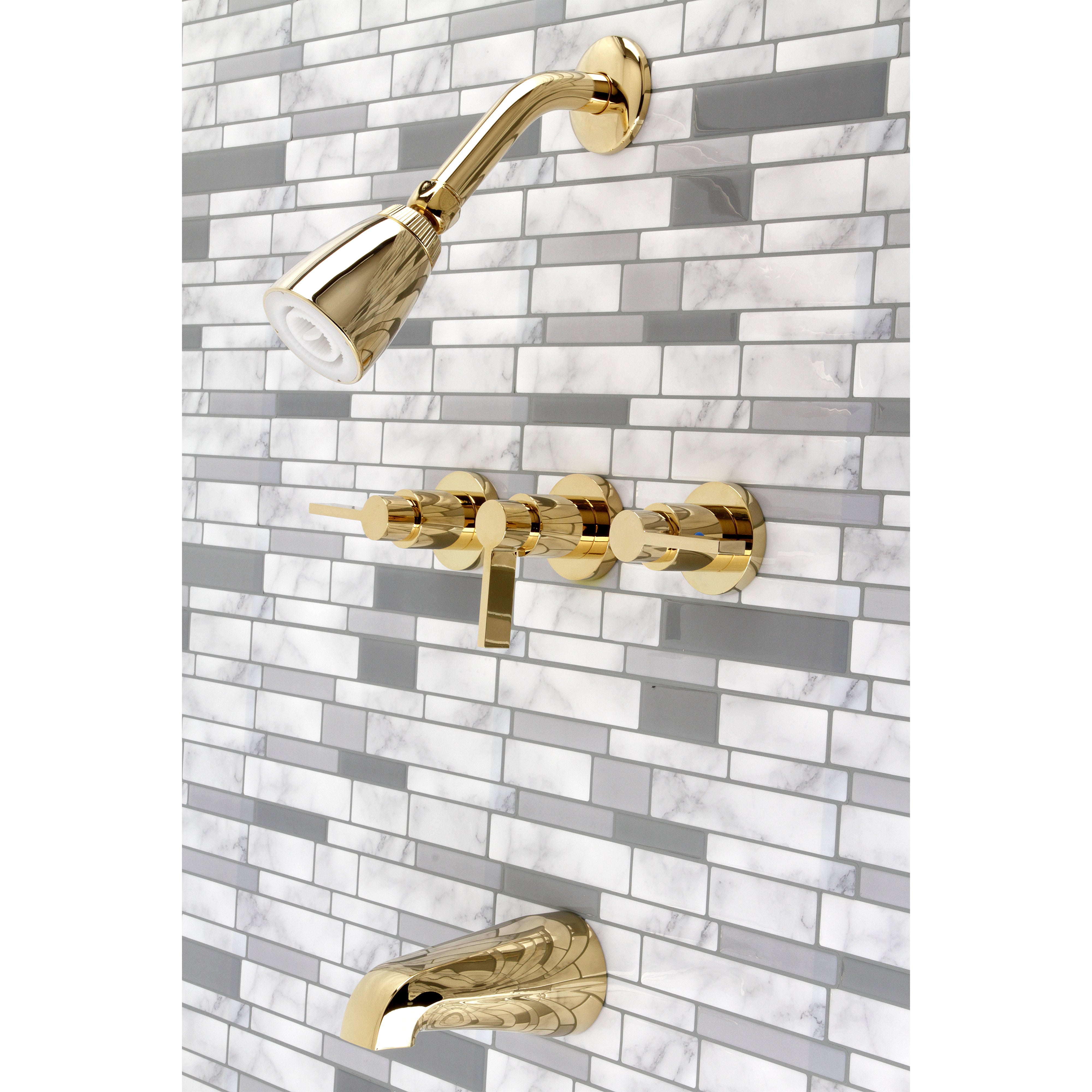 Kingston Brass KB8132NDL NuvoFusion Triple-Handle Tub and Shower Faucet, Polished Brass