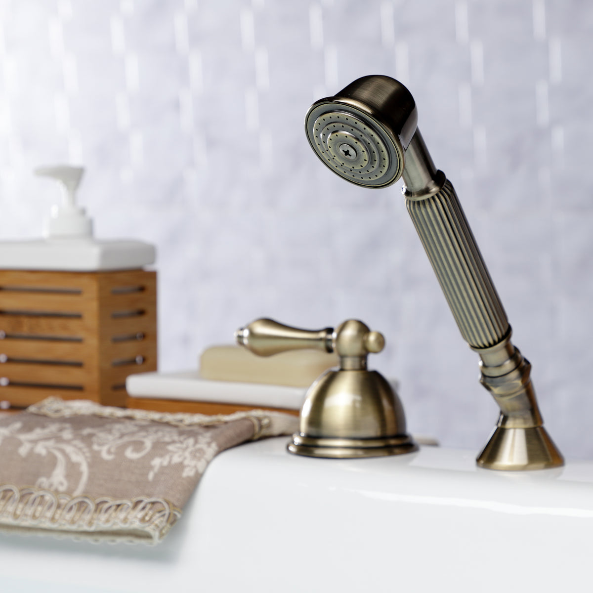 Kingston Brass KSK3353ALTR Deck Mount Hand Shower with Diverter for Roman Tub Faucet, Antique Brass