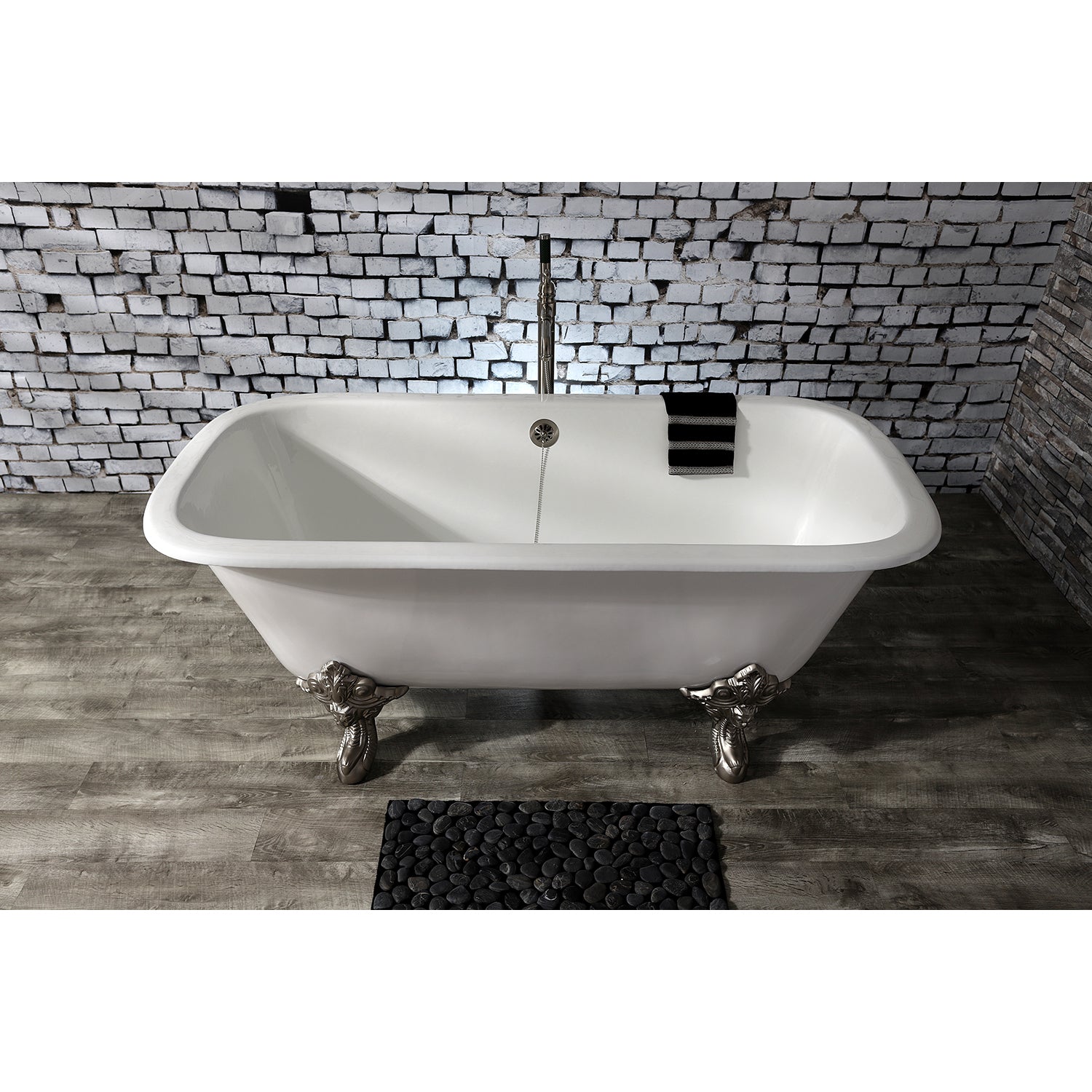 Aqua Eden VCTQND6732NL8 67" Cast Iron Rectangular Double Ended Clawfoot Tub (No Faucet Drillings), White/Brushed Nickel