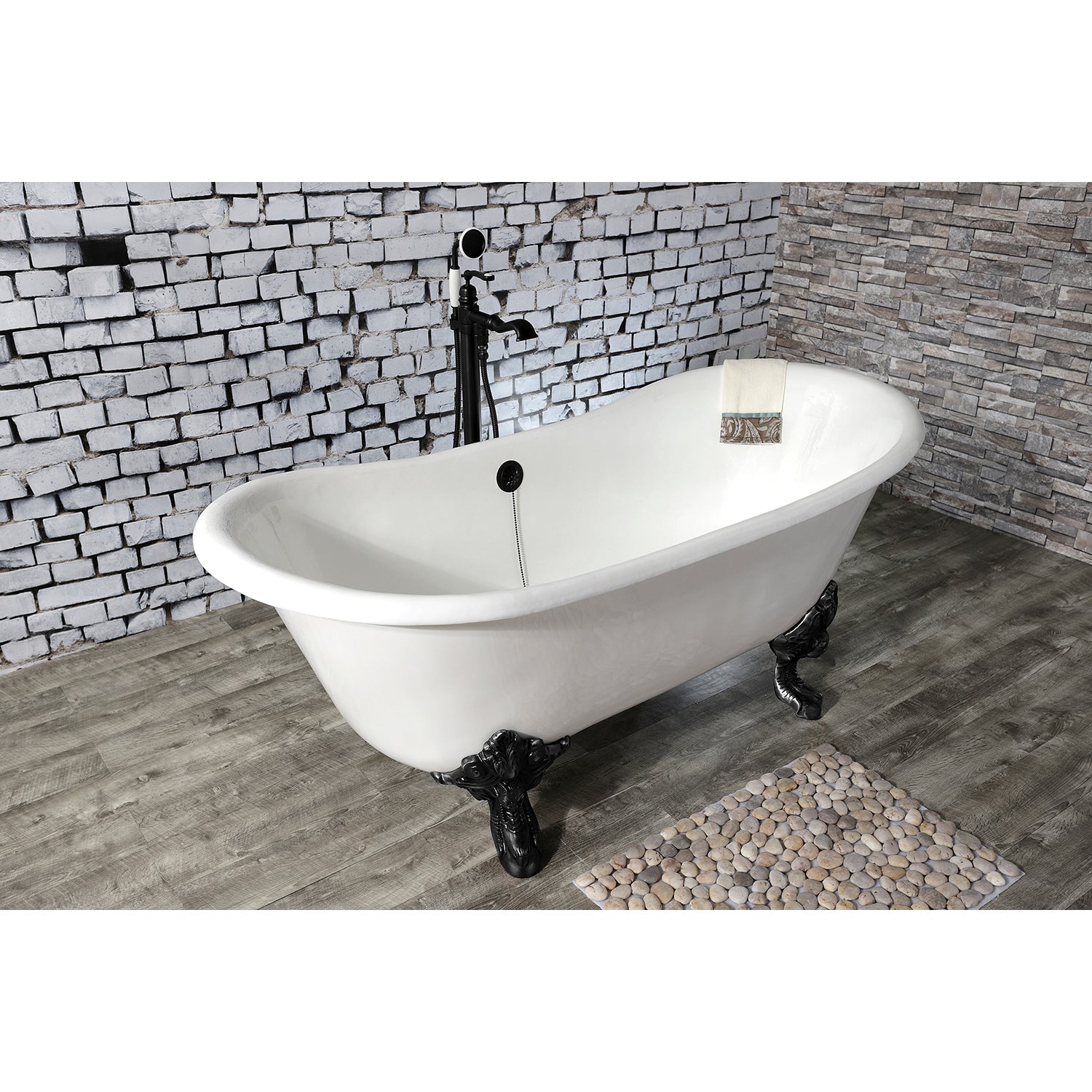 Aqua Eden VCTNDS6731NL0 67" Cast Iron Oval Double Slipper Clawfoot Tub (No Faucet Drillings), White/Matte Black
